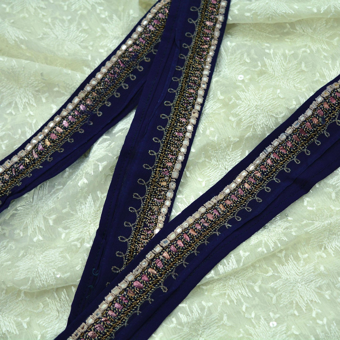 Indian Vintage Deep Blue Saree Border Hand Embroidered Gota Patti Indian Craft Trim Lace Sewing Sari Ribbon Pure Crepe silk Zardozi/Dabka