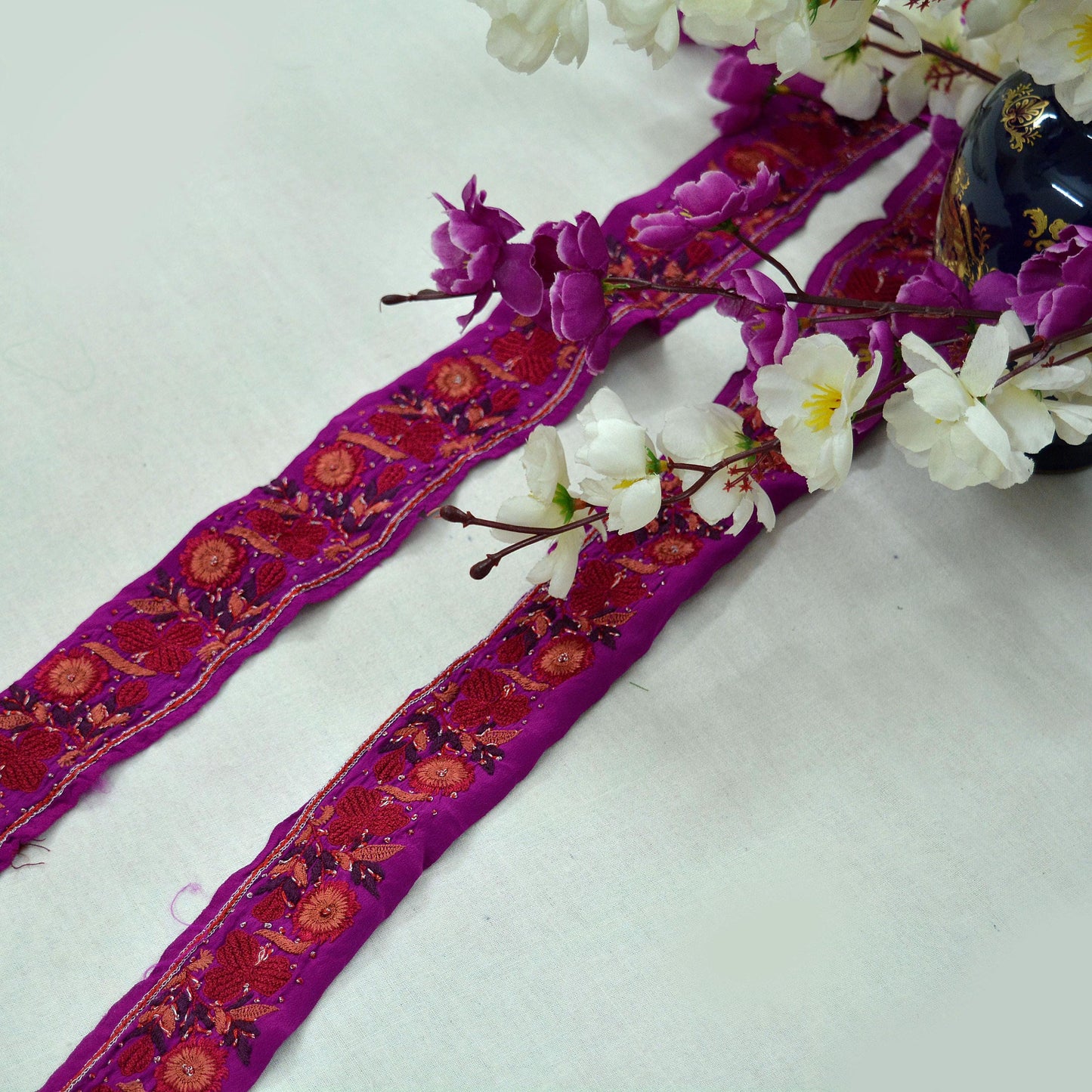 Indian Vintage Purple Saree Border Hand Embroidered Indian Craft Trim Lace Sewing Sari Ribbon Pure Crepe silk Zardozi/Dabka Zari