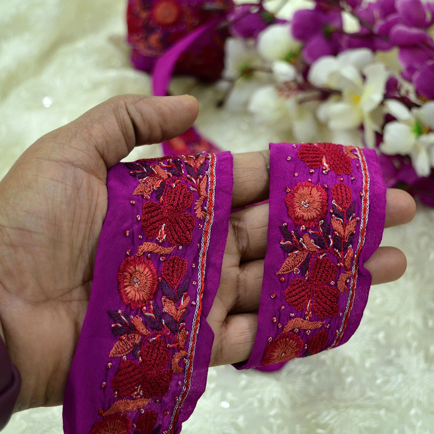 Indian Vintage Purple Saree Border Hand Embroidered Indian Craft Trim Lace Sewing Sari Ribbon Pure Crepe silk Zardozi/Dabka Zari