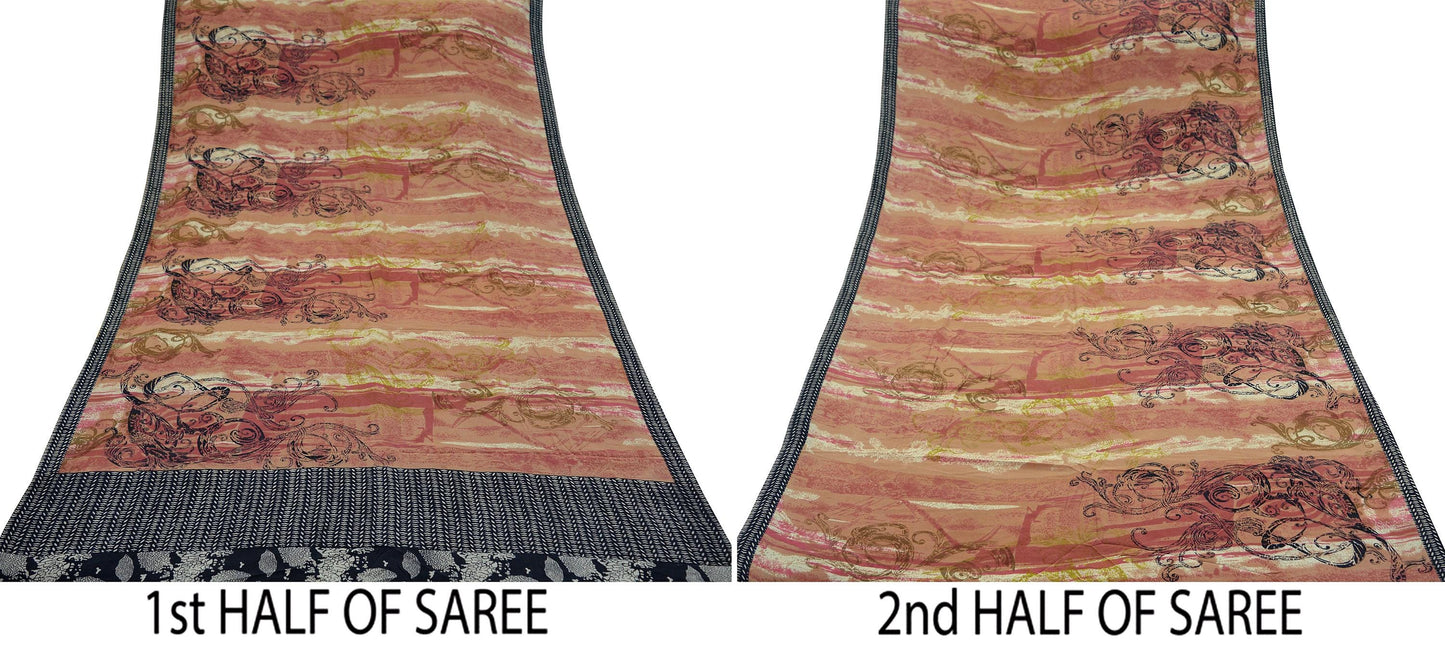 Indian Vintage Brown & Black Saree Pure Crepe Silk Printed Sari 5yd Sewing Floral Soft Craft Fabric Wrap Dress Making Crafting Quilting