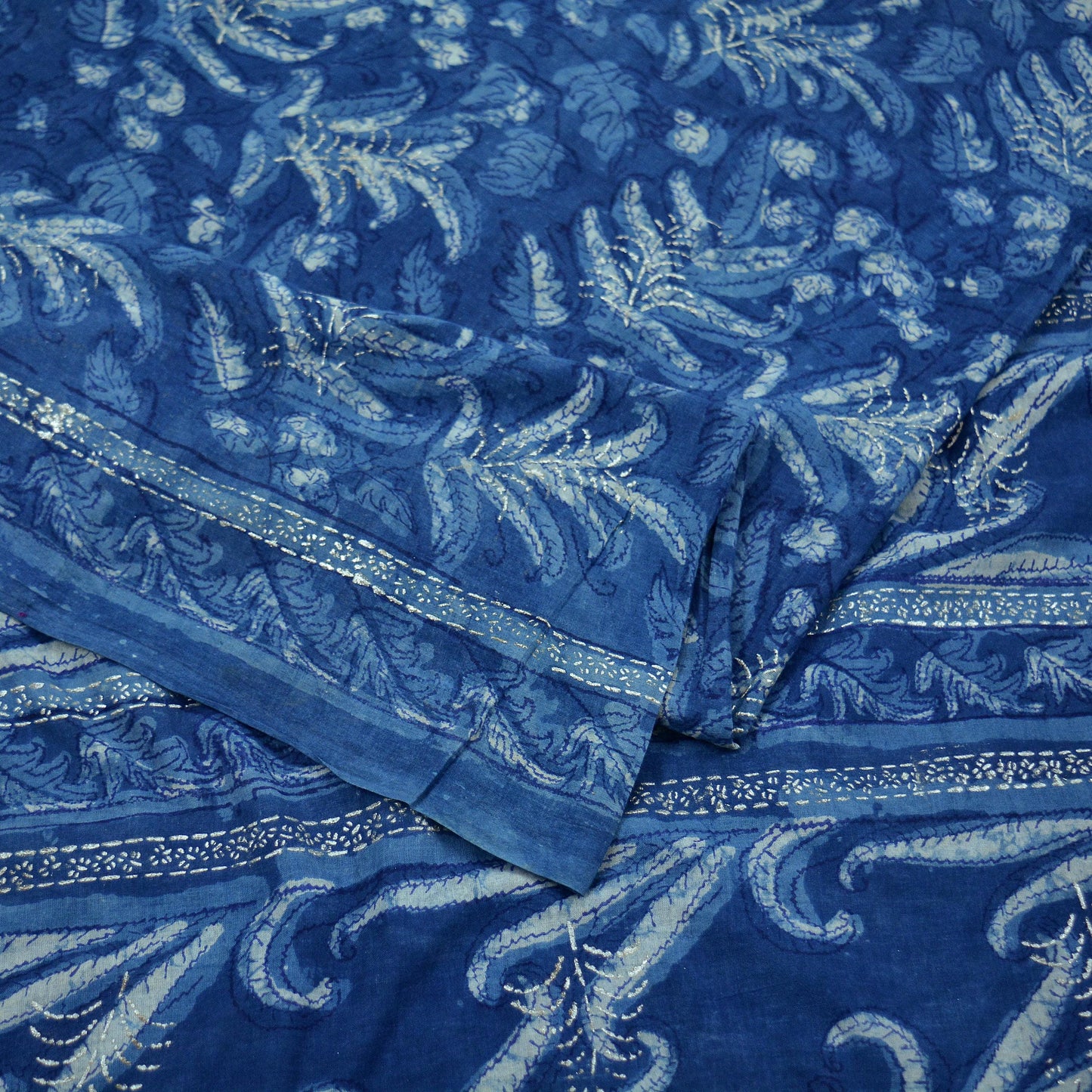 Indian Vintage Blue Saree Hand Block Printed/Painted 100% Pure Cotton Sari Soft Craft Fabric 5Yd Dress making Crafting Upcycle Quilting