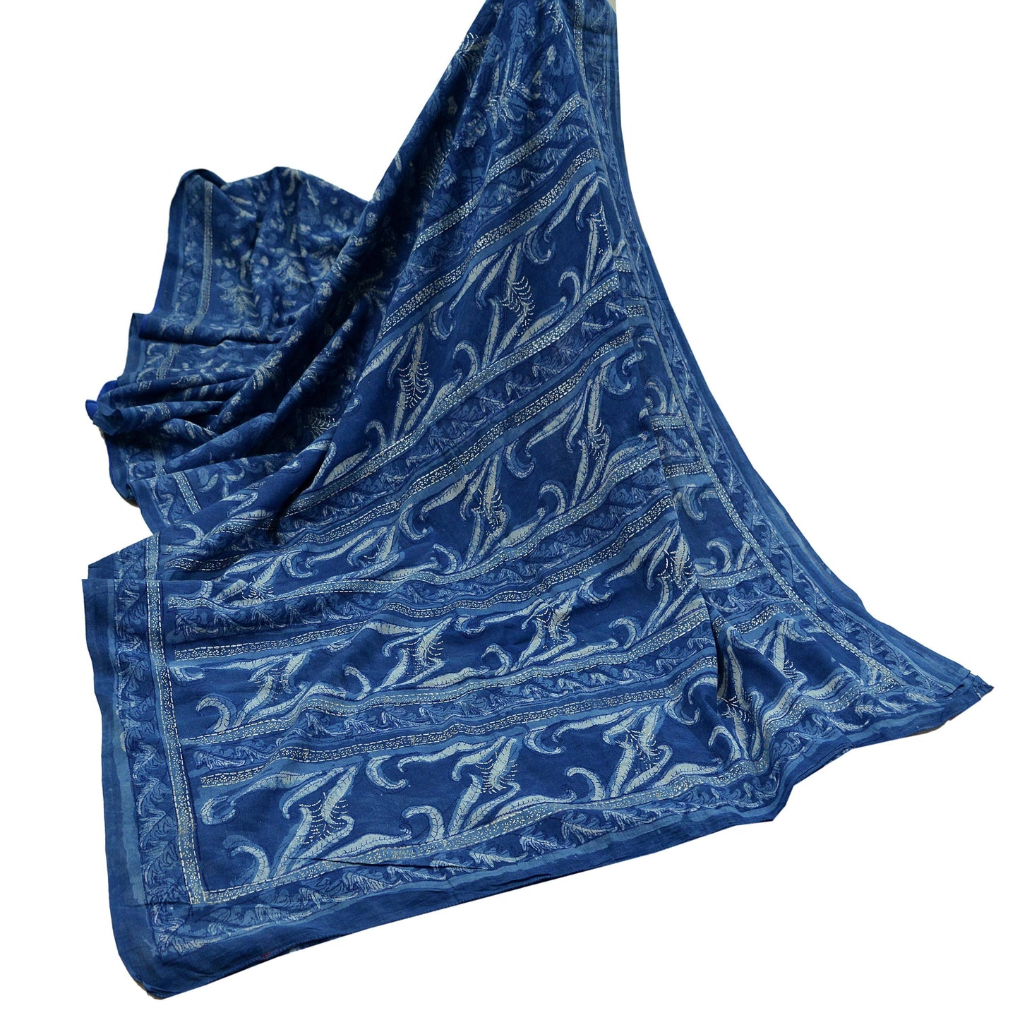 Indian Vintage Blue Saree Hand Block Printed/Painted 100% Pure Cotton Sari Soft Craft Fabric 5Yd Dress making Crafting Upcycle Quilting