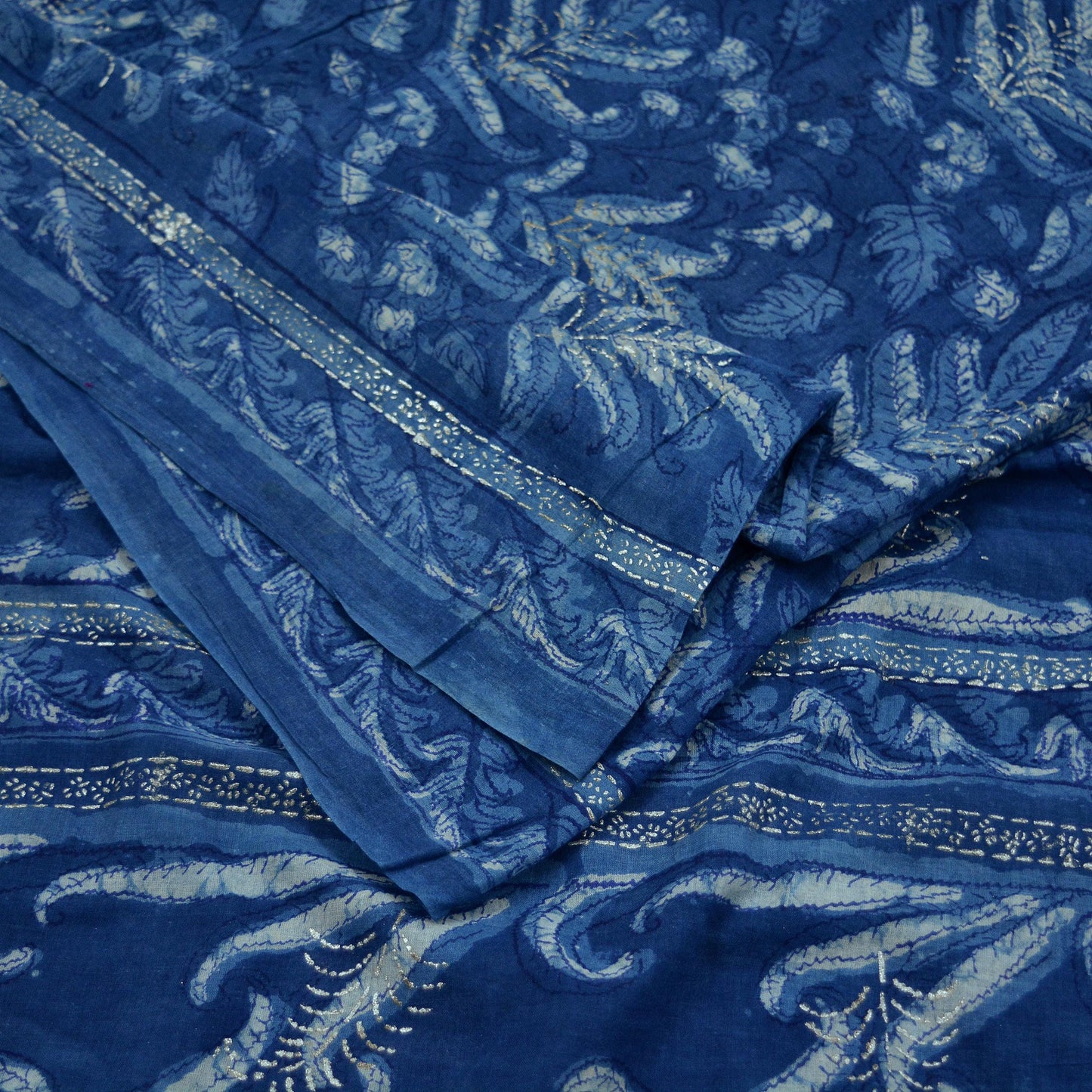 Indian Vintage Blue Saree Hand Block Printed/Painted 100% Pure Cotton Sari Soft Craft Fabric 5Yd Dress making Crafting Upcycle Quilting