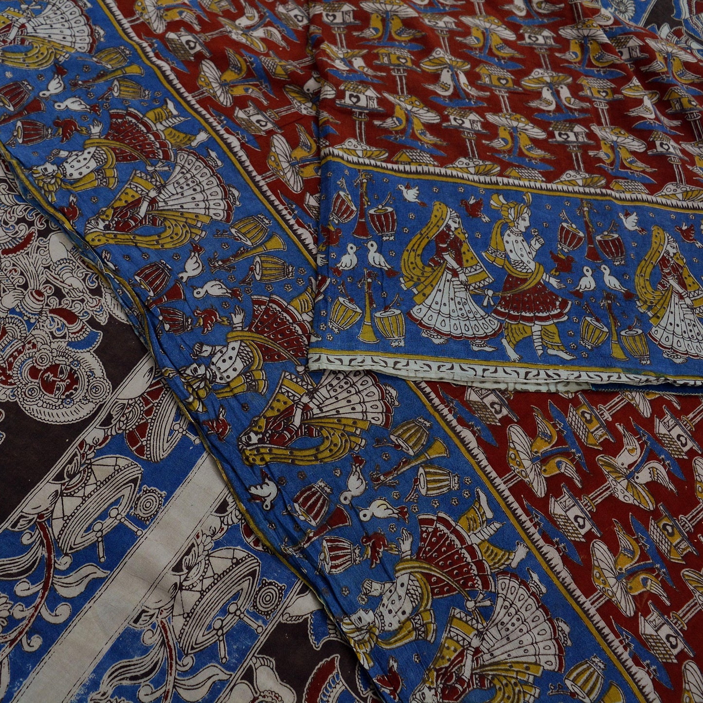 Indian Vintage Sari Red & Blue Pure Cotton Hand Kalamkari Sarees Craft Fabric 5Yd Lady Soft Sewing Sarong Quilting Crafting Upcycle