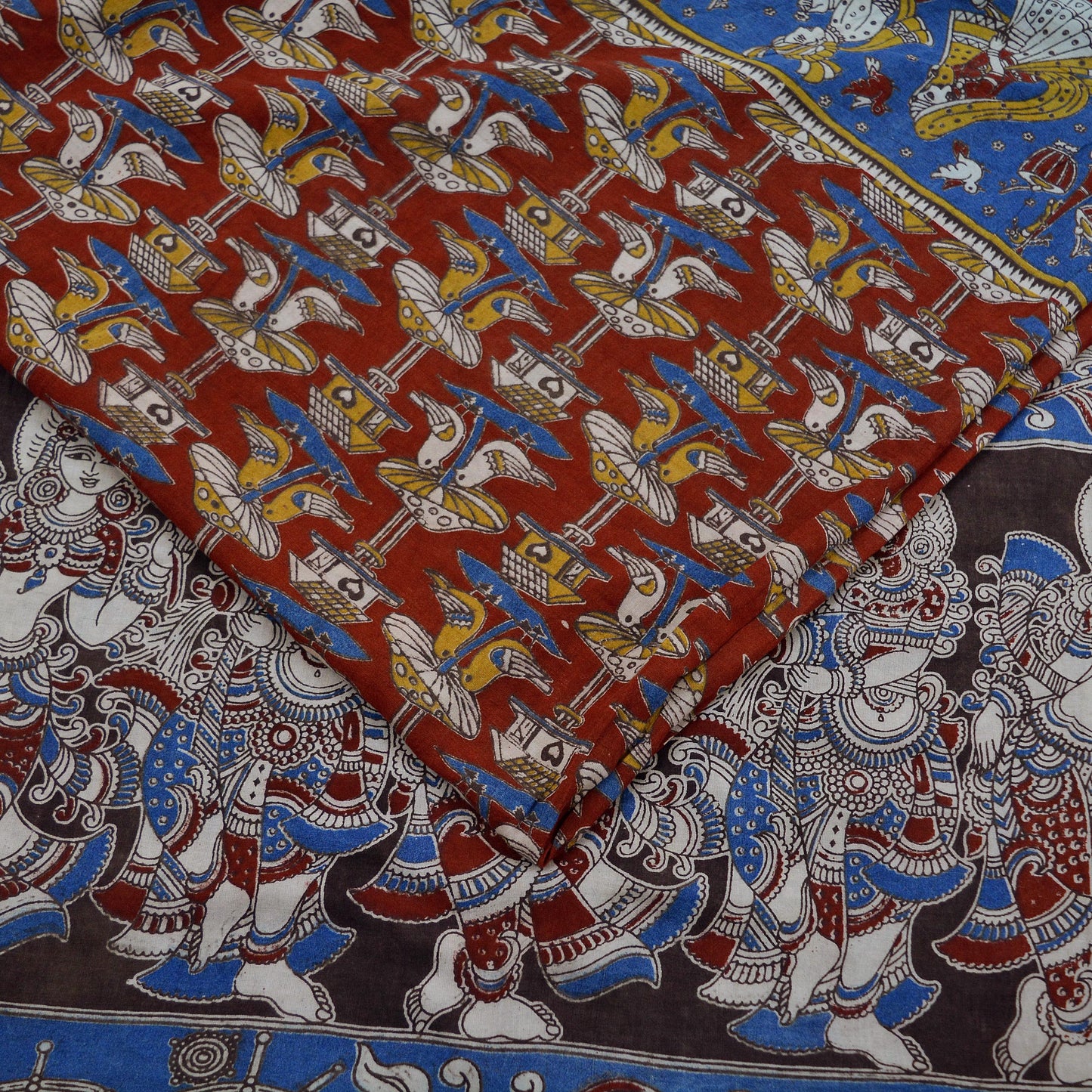Indian Vintage Sari Red & Blue Pure Cotton Hand Kalamkari Sarees Craft Fabric 5Yd Lady Soft Sewing Sarong Quilting Crafting Upcycle