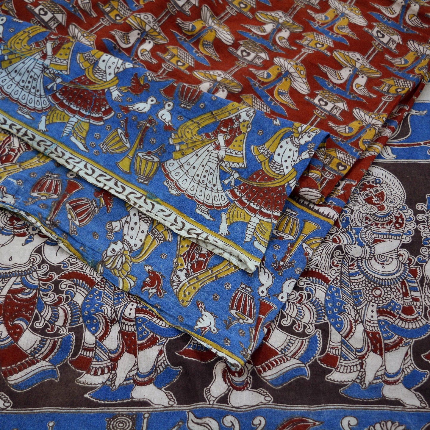Indian Vintage Sari Red & Blue Pure Cotton Hand Kalamkari Sarees Craft Fabric 5Yd Lady Soft Sewing Sarong Quilting Crafting Upcycle