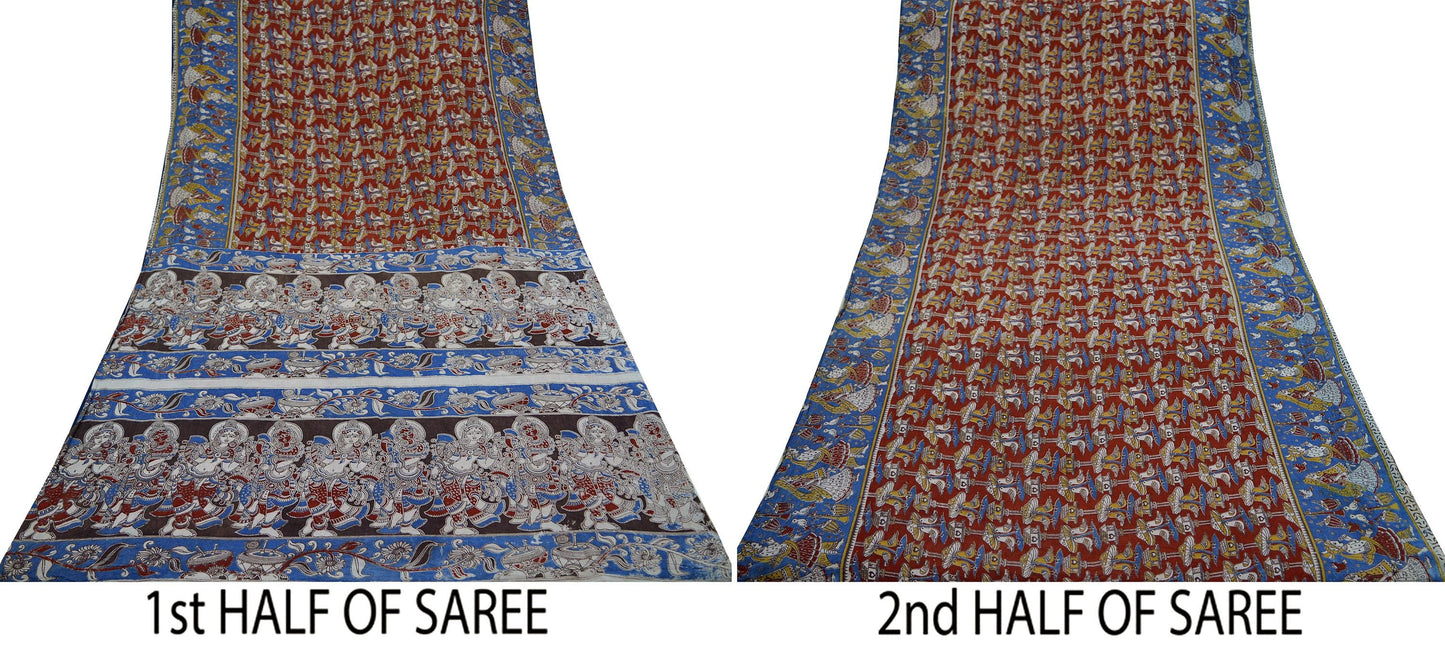 Indian Vintage Sari Red & Blue Pure Cotton Hand Kalamkari Sarees Craft Fabric 5Yd Lady Soft Sewing Sarong Quilting Crafting Upcycle