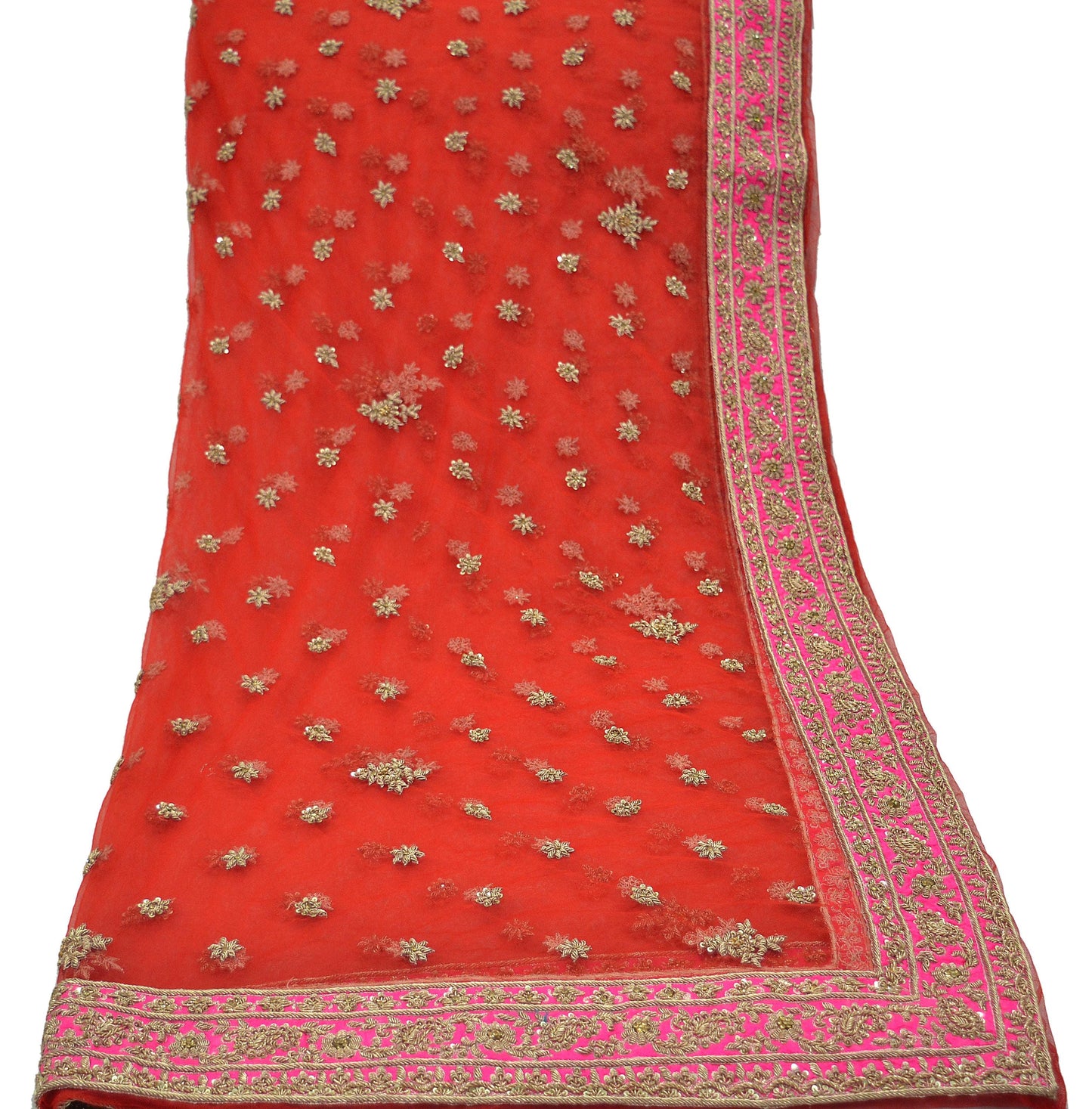 Indian Vintage Heavy Bridal Red Dupatta Net Mesh Long Stole Hand Embroidered Scarves Golden Zardozi Dabka Zari Sequins Wedding Veil Hijab