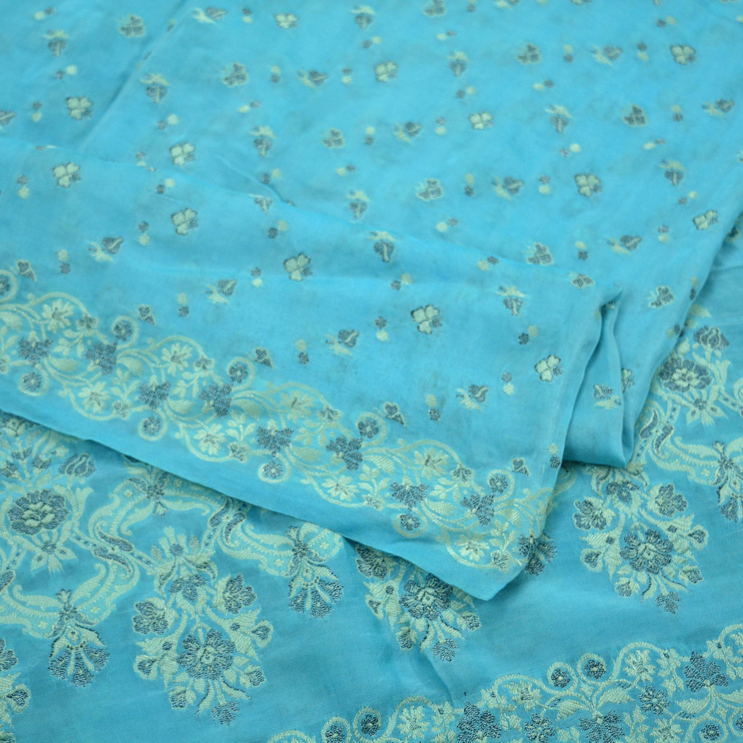 Indian Vintage Blue Dupatta Long Stole Pure Silk Hand Woven Scarves Veil Scarf Wrap Floral