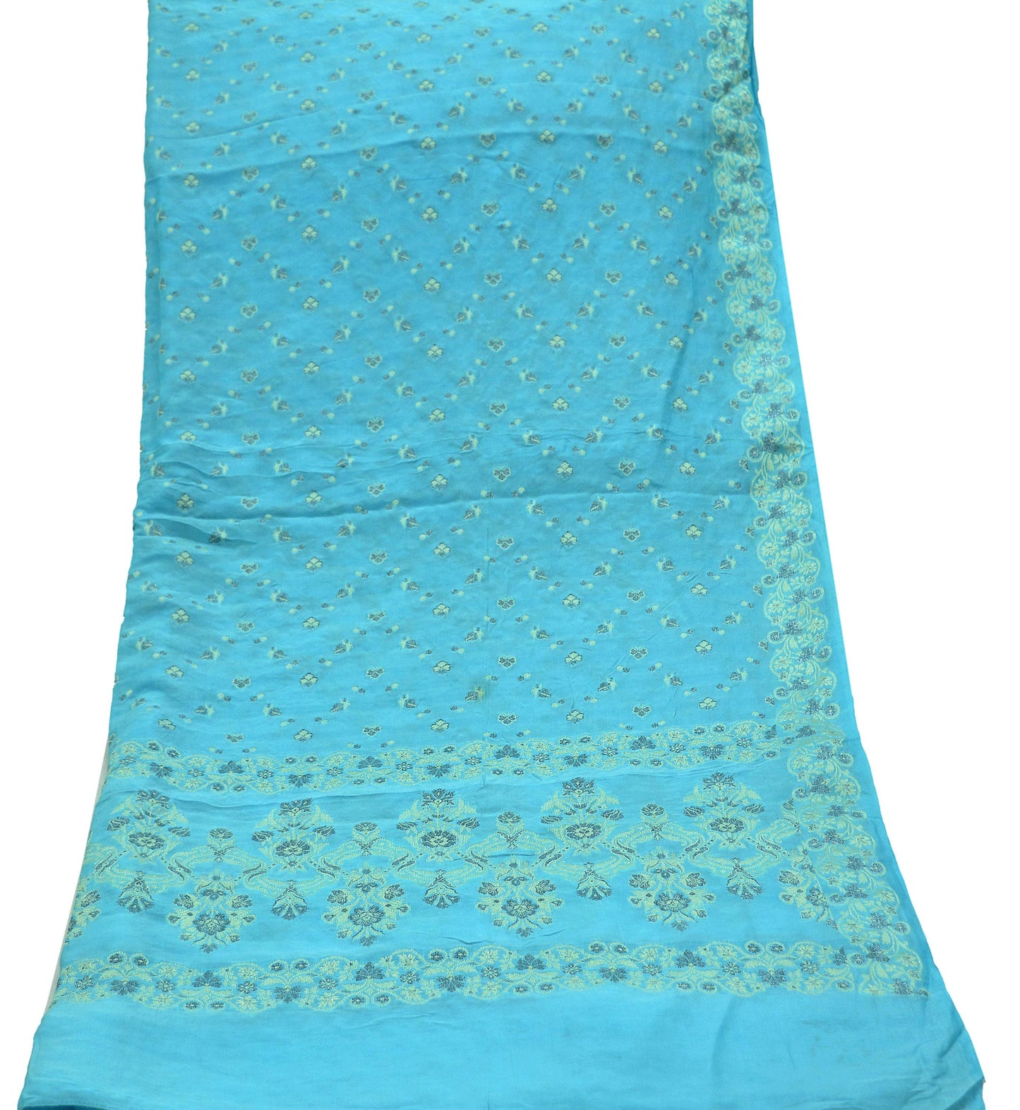 Indian Vintage Blue Dupatta Long Stole Pure Silk Hand Woven Scarves Veil Scarf Wrap Floral
