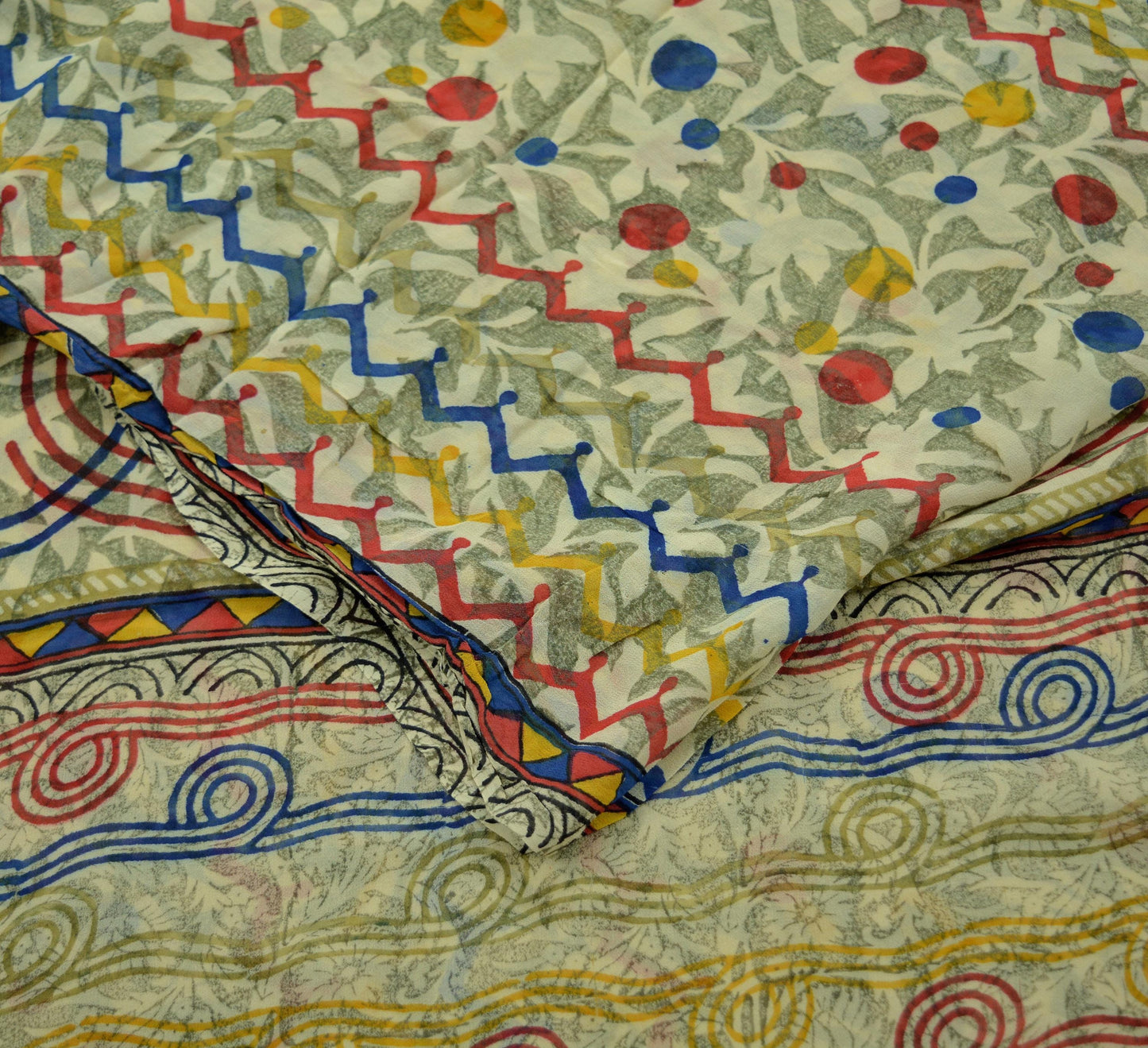 Indian Vintage Sari Beige Pure Georgette Silk Printed Saree Craft Fabric Sewing 5Yd Soft Light Dress Making Quilting Crafting Upcycle