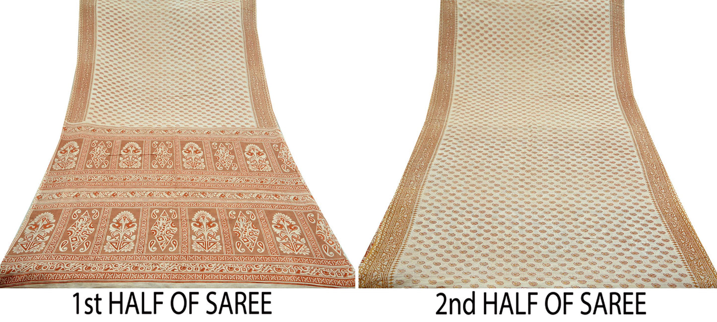 Indian Vintage Sari Brown & Ivory Printed Pure Cotton Sarees 5Yd Craft Fabric Soft Sewing Sarong Wrap Boho Upcycle quilting Dress making