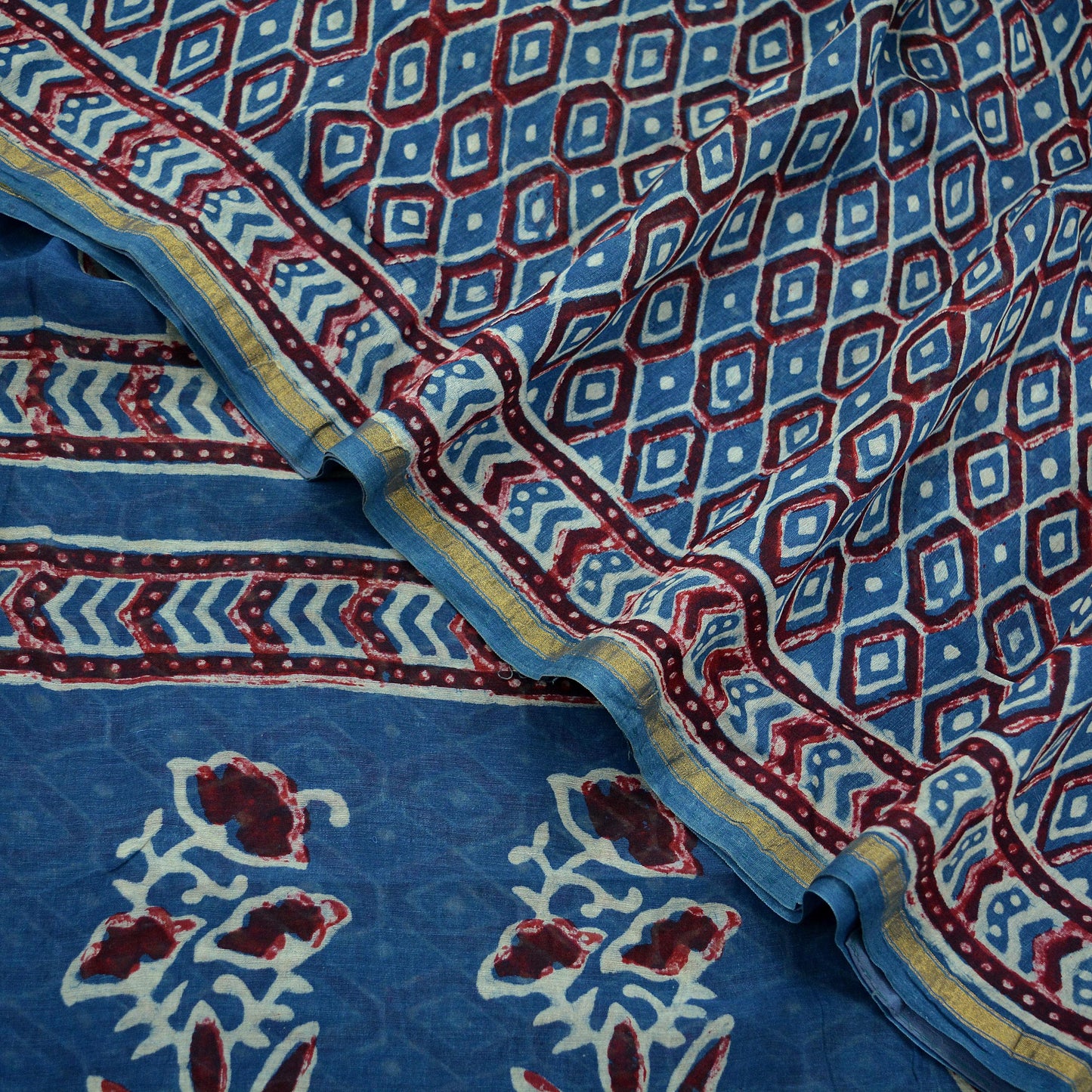 Indian Vintage Sari Blue Pure chanderi Silk Bagru Printed Saree 5Yd Fabric Floral Soft Zari Border Ethnic Upcycle Crafting Dress making