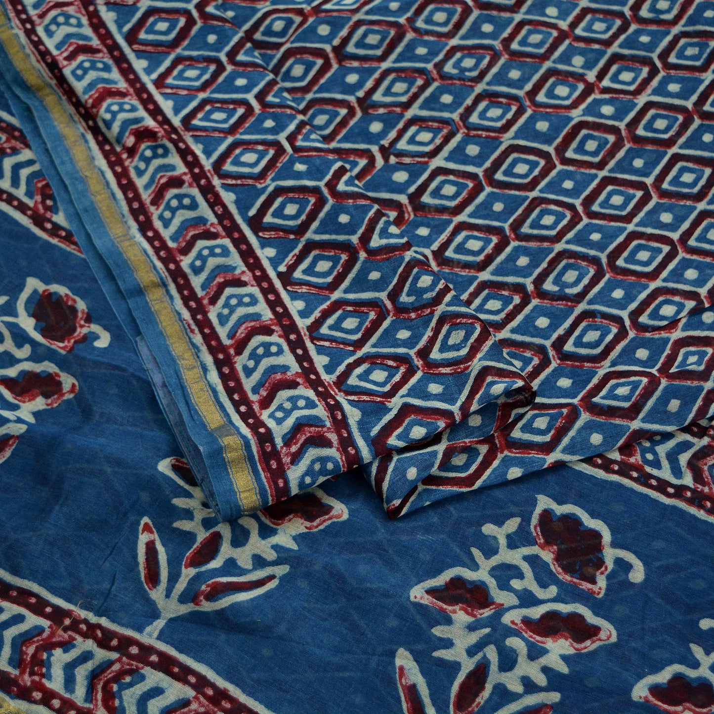 Indian Vintage Sari Blue Pure chanderi Silk Bagru Printed Saree 5Yd Fabric Floral Soft Zari Border Ethnic Upcycle Crafting Dress making