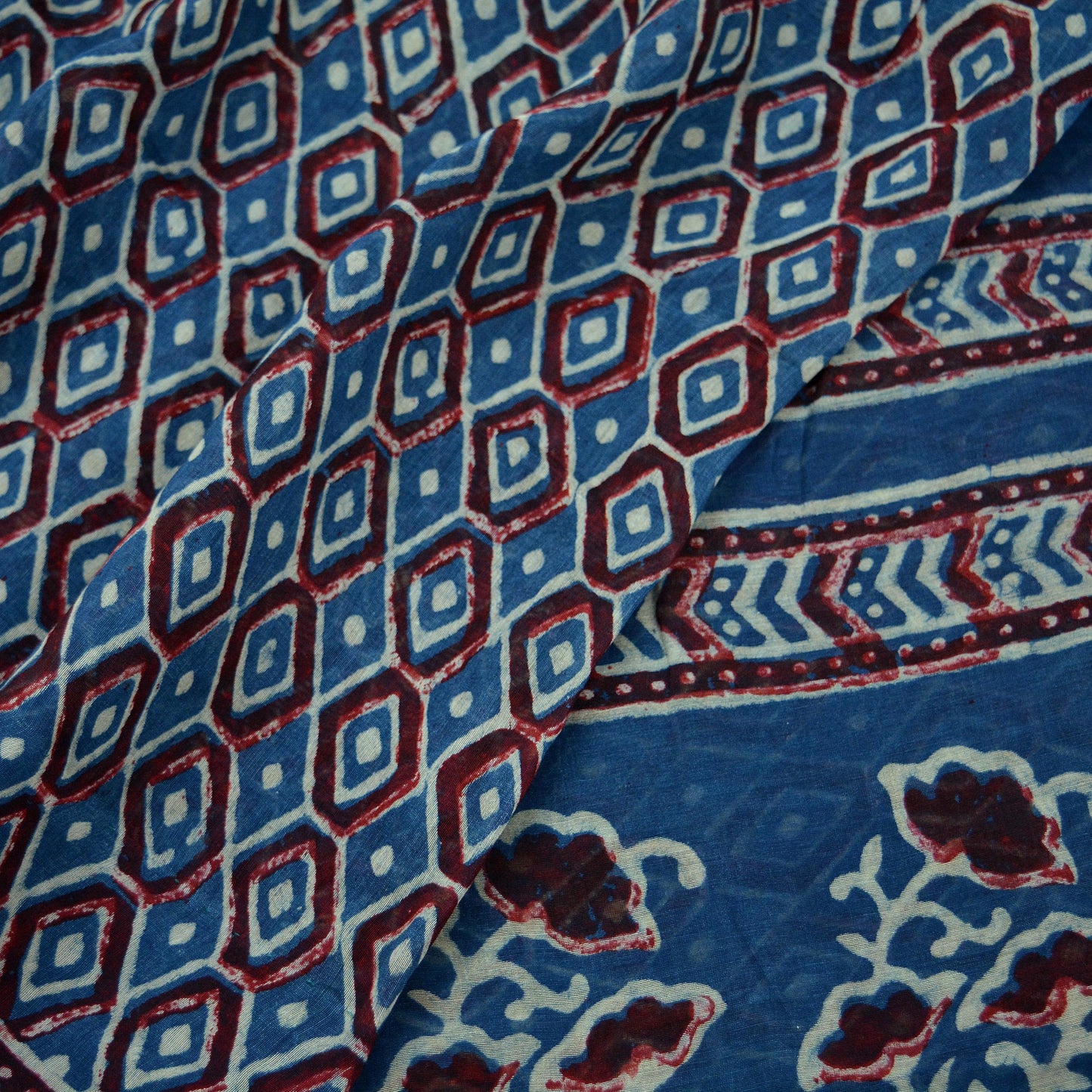 Indian Vintage Sari Blue Pure chanderi Silk Bagru Printed Saree 5Yd Fabric Floral Soft Zari Border Ethnic Upcycle Crafting Dress making