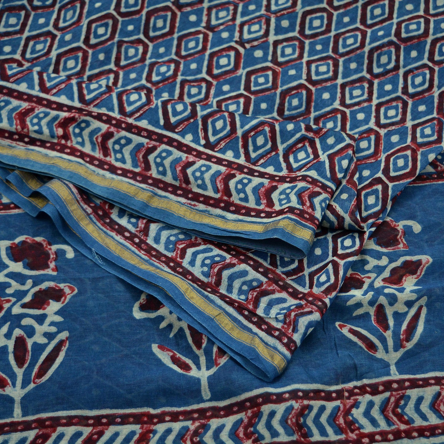 Indian Vintage Sari Blue Pure chanderi Silk Bagru Printed Saree 5Yd Fabric Floral Soft Zari Border Ethnic Upcycle Crafting Dress making