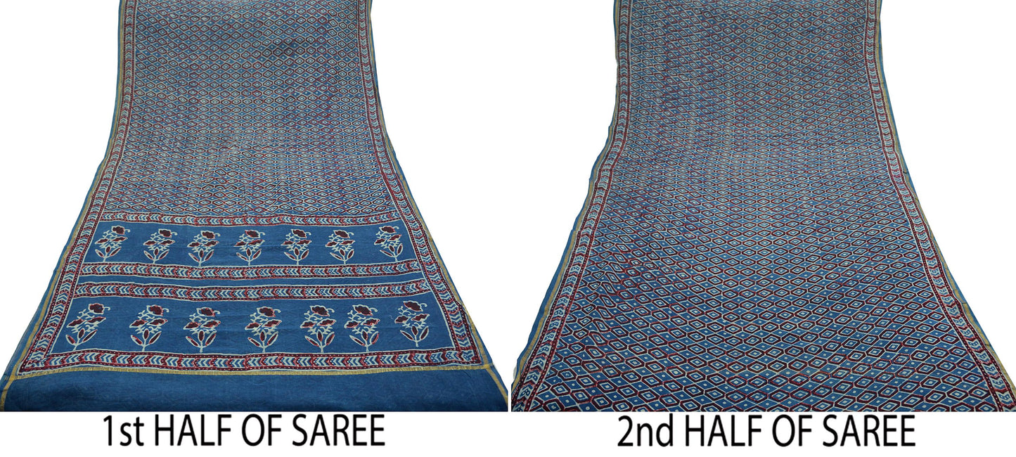 Indian Vintage Sari Blue Pure chanderi Silk Bagru Printed Saree 5Yd Fabric Floral Soft Zari Border Ethnic Upcycle Crafting Dress making