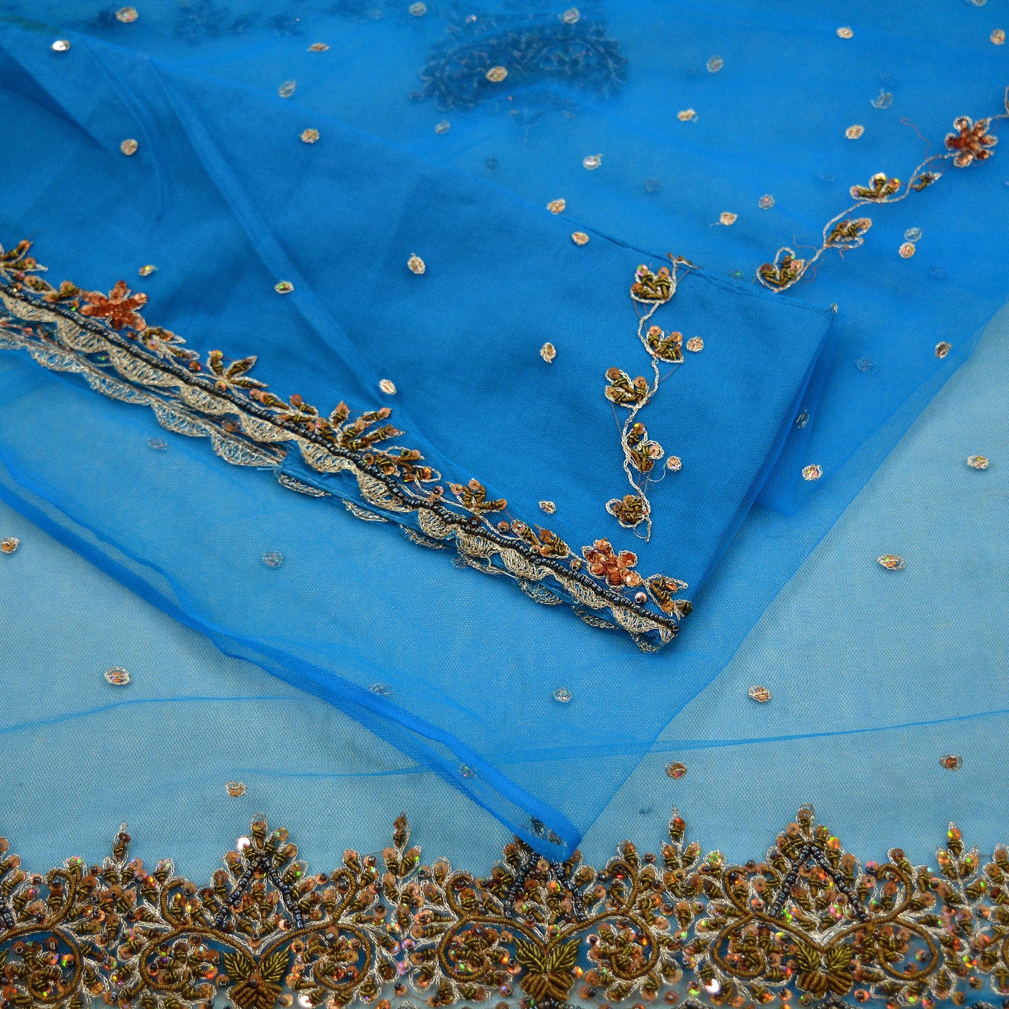 Indian Vintage Blue Saree Net/Mesh Hand Embroidered Indian Sari Fabric 6Yd Sewing Soft Silver Zardozi/Dabka Zari Sequins