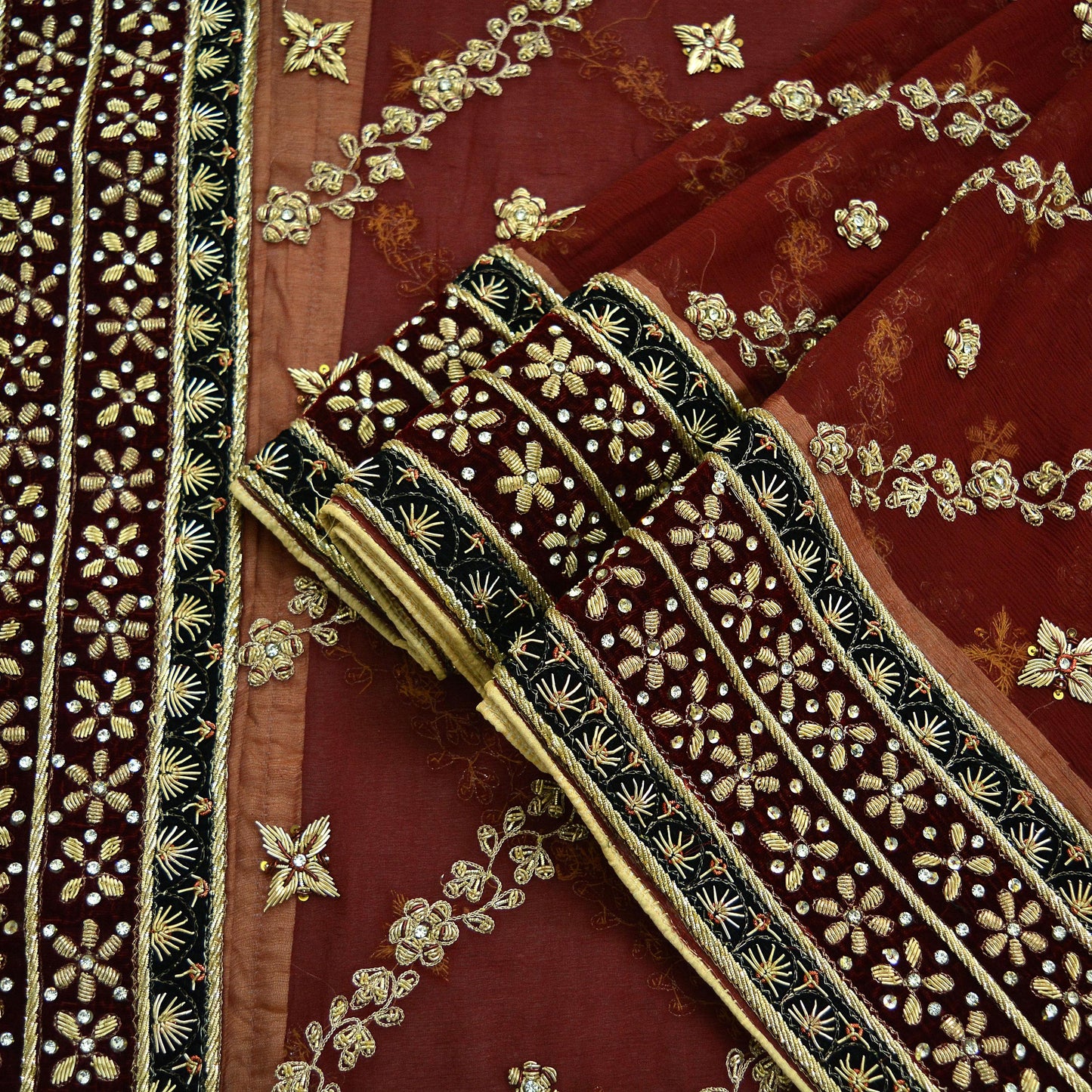 Indian Vintage Heavy Maroon Dupatta Pure Chiffon Silk Long Stole Hand Embroidered Scarf Zardozi/Dabka Zari Sequins Bridal Veil