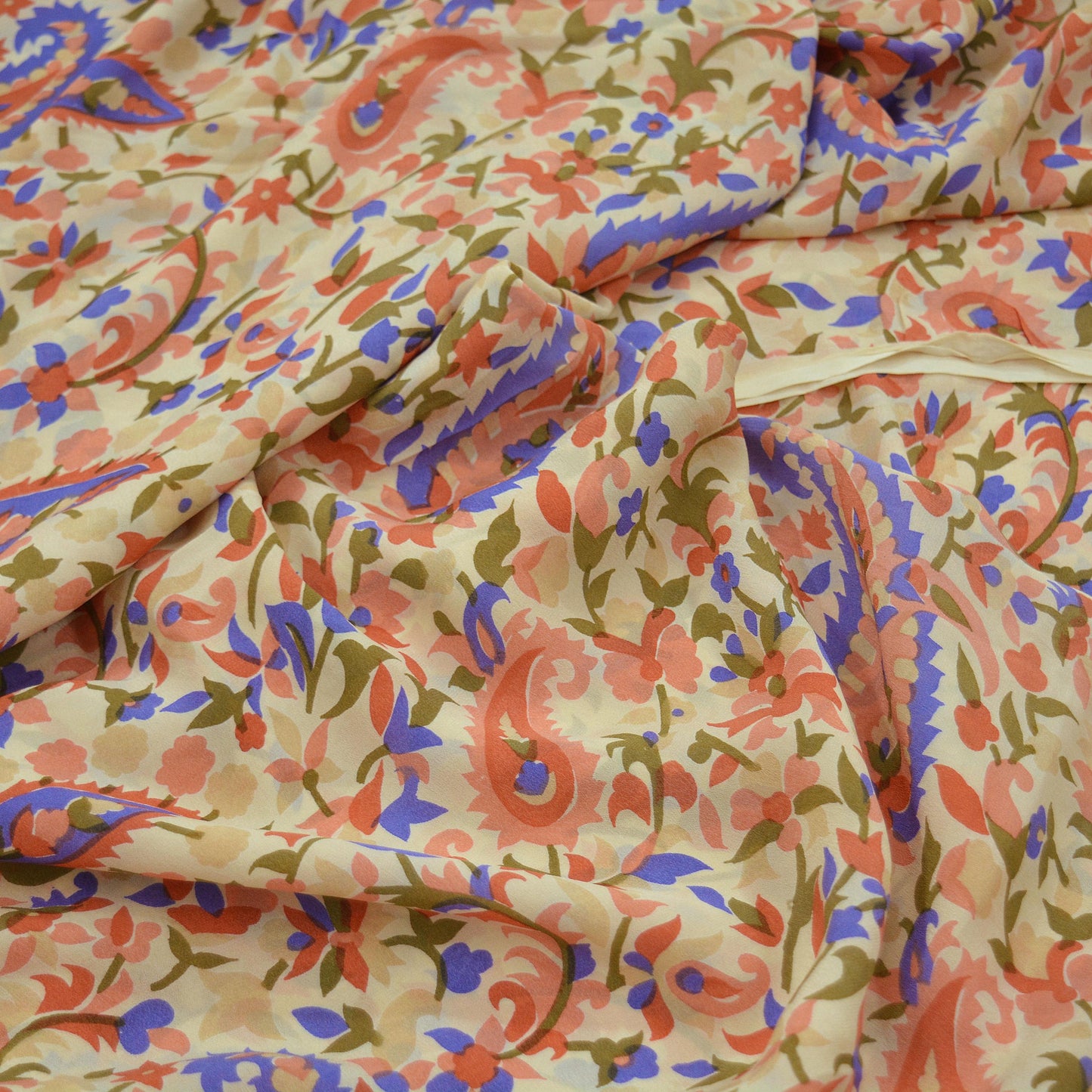 Indian Vintage Sari Beige Pure Crepe Silk Printed Sarees 5yd Sewing Floral Soft Craft Fabric Wrap Dress making Upcycle Crafting Quilting