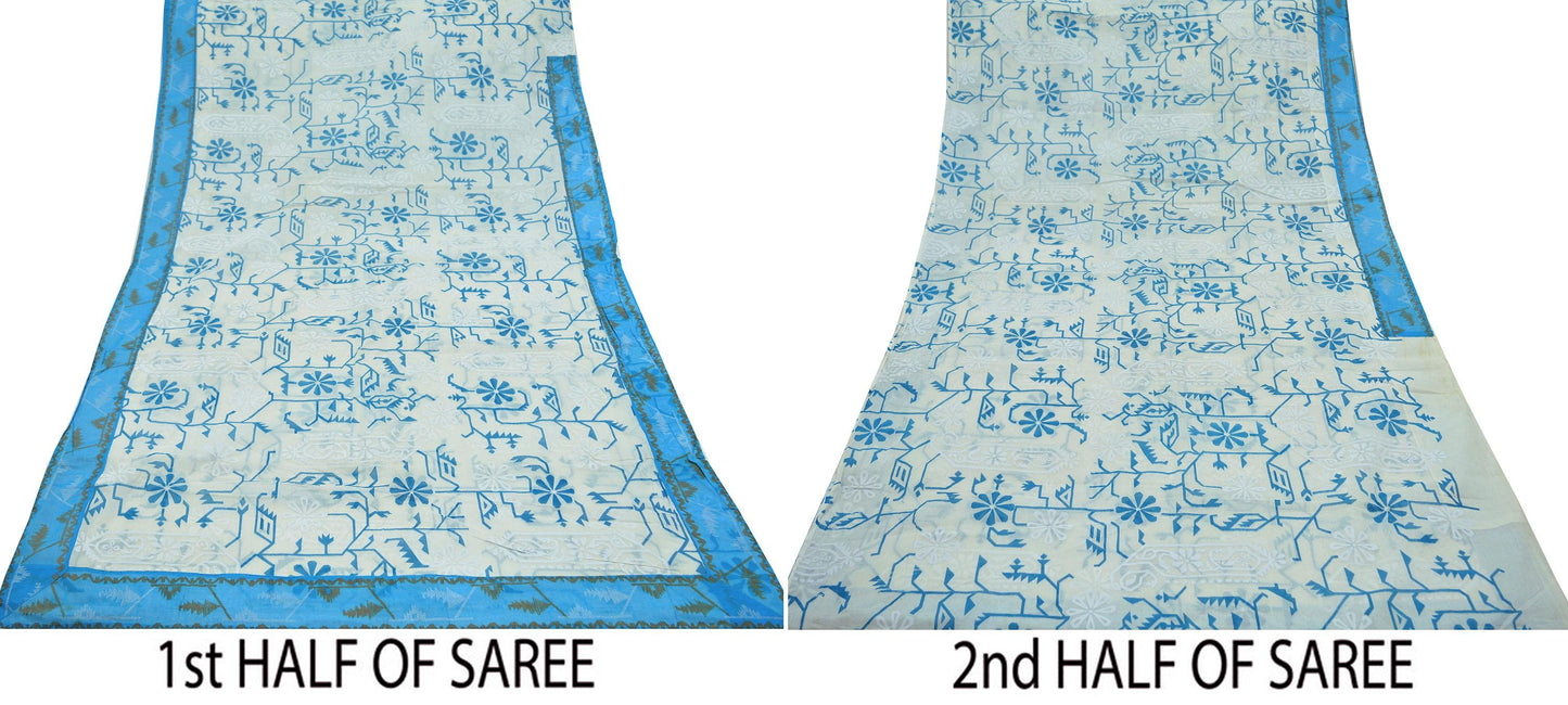 Indian Vintage Sari White Hand Painted Pure Cotton Sarees Craft Fabric 5Yard Sewing Sarong Wrap Boho Dress making Crafting Upcycle Geometric