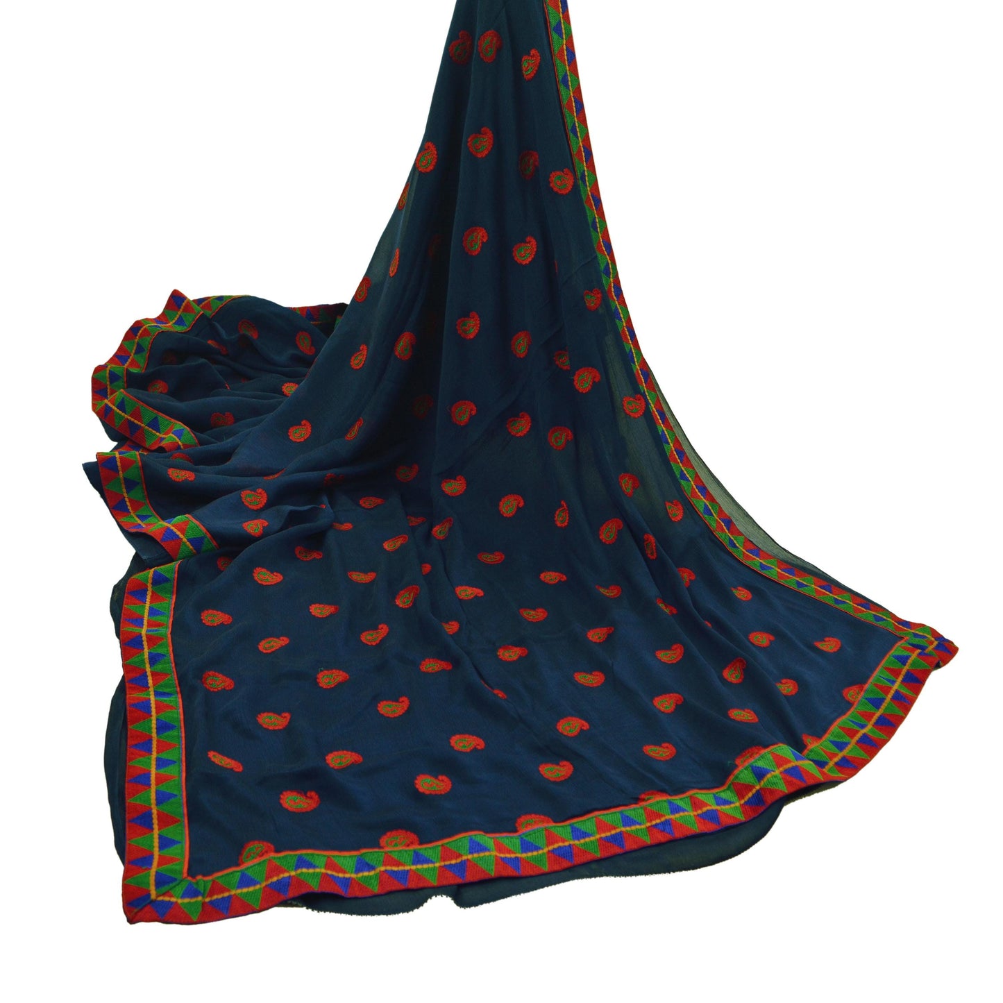 Indian Vintage Saree Blue Embroidered Blend Silk Sari Fabric 6Yd Ethnic Paisley Ethnic Dress making Crafting Quilting Upcycle