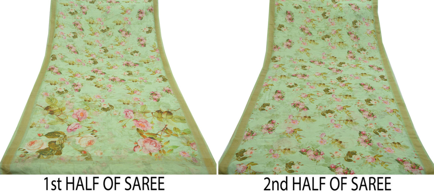 Indian Vintage Green Saree Digital Printed Blend Cotton Sari Craft Fabric 5Yd Sewing Sarong Wrap Boho Floral Dress Making Crafting
