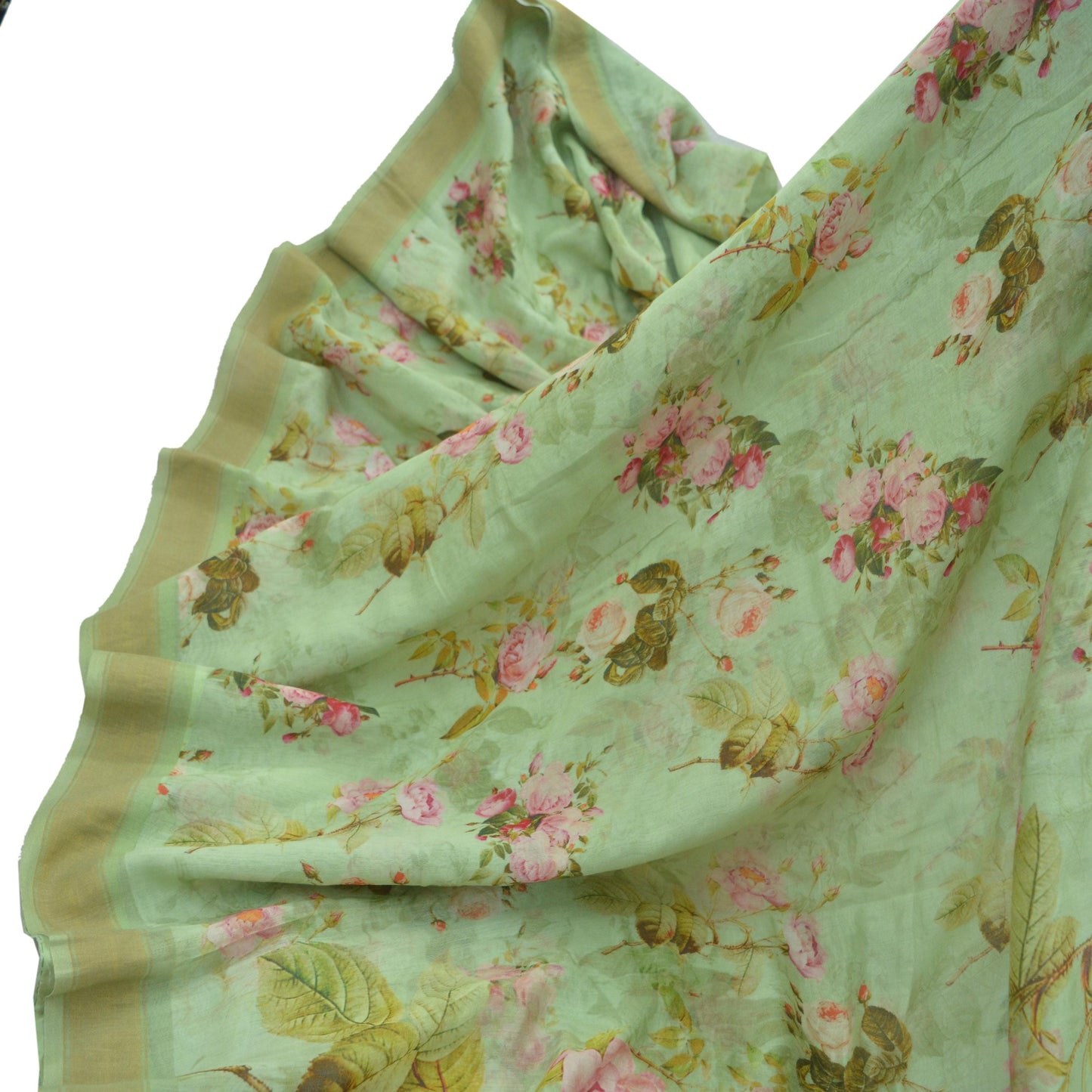 Indian Vintage Green Saree Digital Printed Blend Cotton Sari Craft Fabric 5Yd Sewing Sarong Wrap Boho Floral Dress Making Crafting