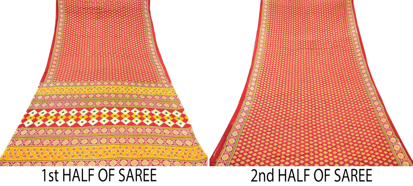 Indian Vintage Red Saree Printed Pure Cotton Sari Craft Fabric Soft 5Yd Sewing Sarong Wrap Boho Quilting Crafting Upcycle Dress making