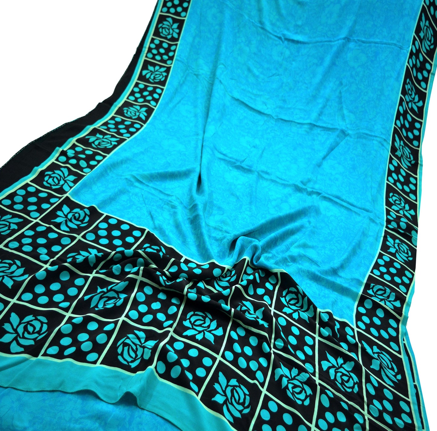 Indian Vintage Sari Black & Blue Pure Crepe Silk Printed Sarees Craft Fabric 5yd Sewing Floral Soft Wrap Dress Making Crafting Upcycle