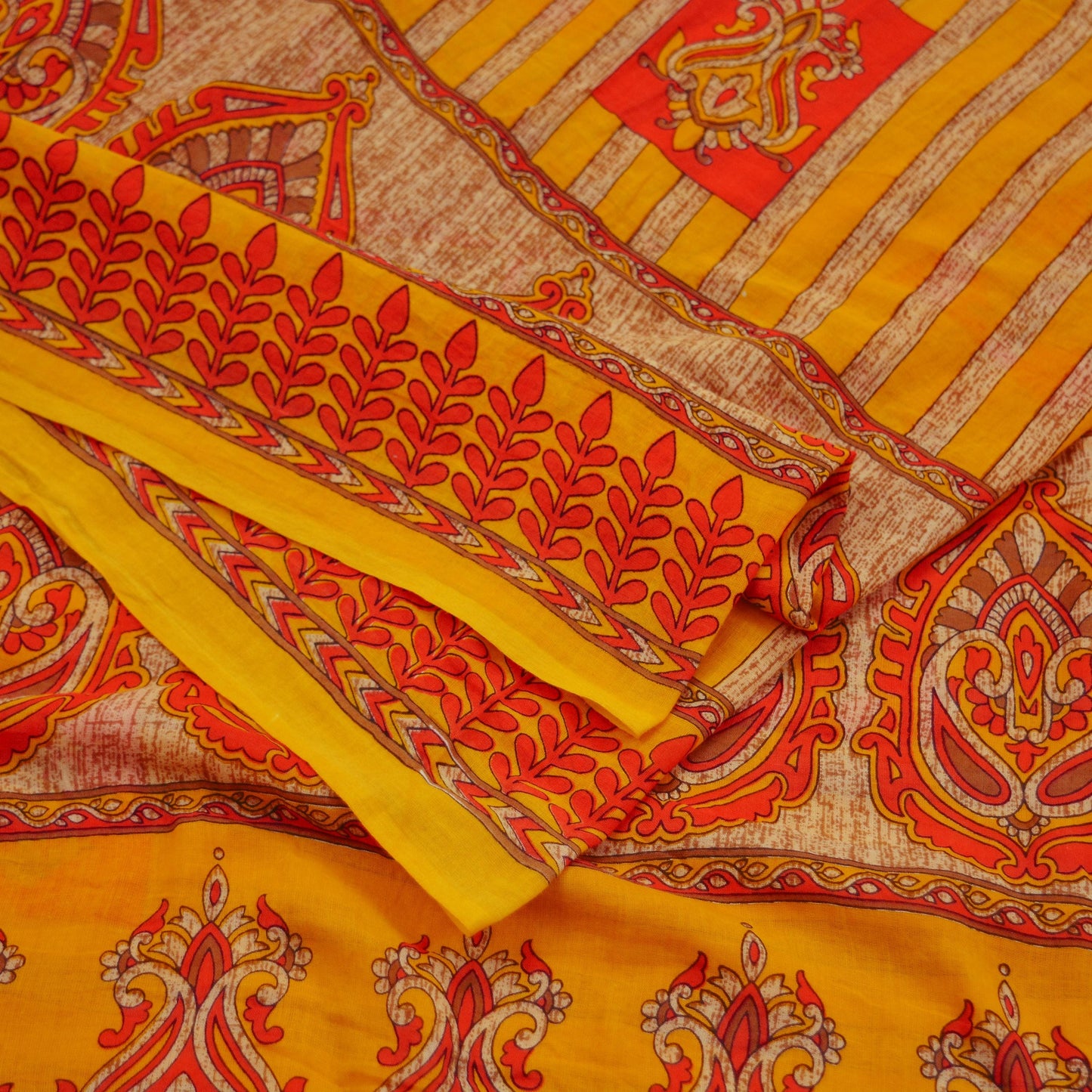 Indian Vintage Saffron Saree Printed Pure Cotton Indian Sari Craft Fabric 5Yd Sewing Soft Sarong Wrap Boho Floral Quilting Crafting