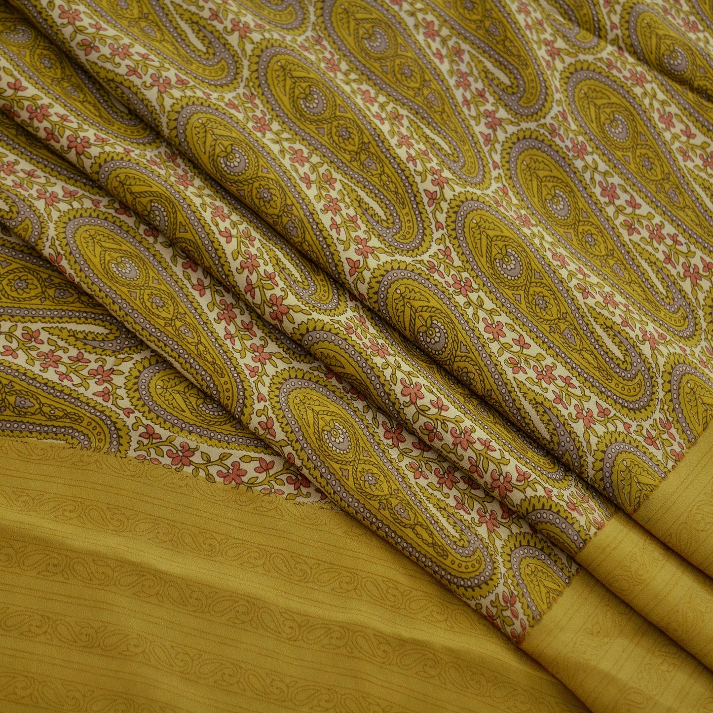 Indian Vintage Sari Ivory & Green Pure Crepe Silk Printed Saree 5yd Sewing Soft Craft Fabric Wrap Dress Making Crafting Quilting Paisley
