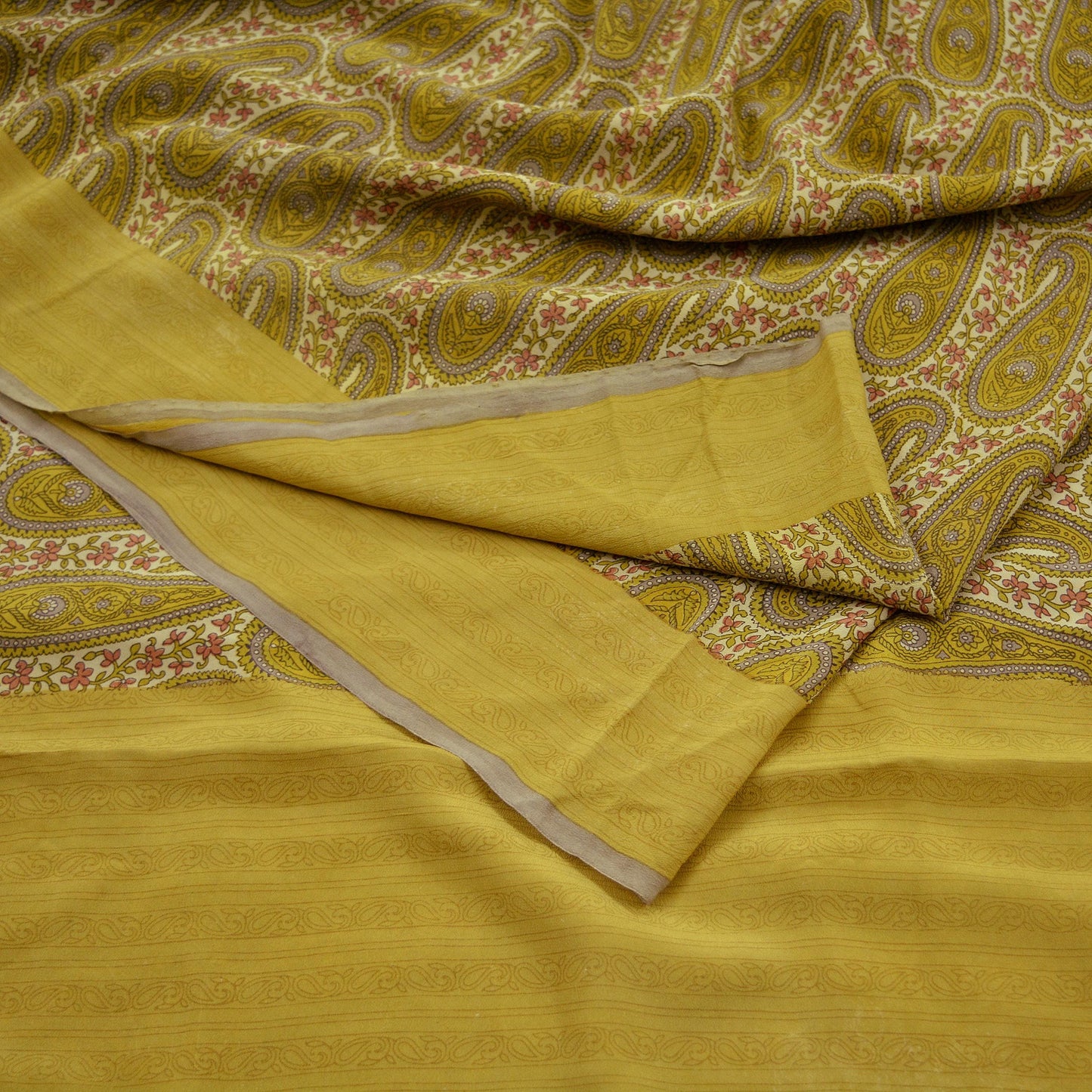 Indian Vintage Sari Ivory & Green Pure Crepe Silk Printed Saree 5yd Sewing Soft Craft Fabric Wrap Dress Making Crafting Quilting Paisley
