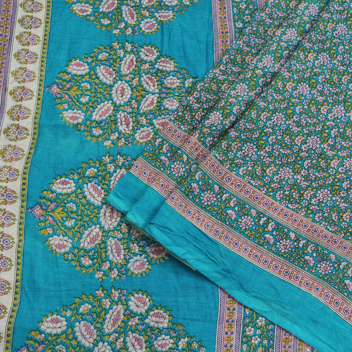 Indian Vintage Blue Saree Printed Pure Cotton Sari Craft Fabric Soft 5Yd Sewing Sarong Wrap Boho Floral Dress making Crafting Quilting