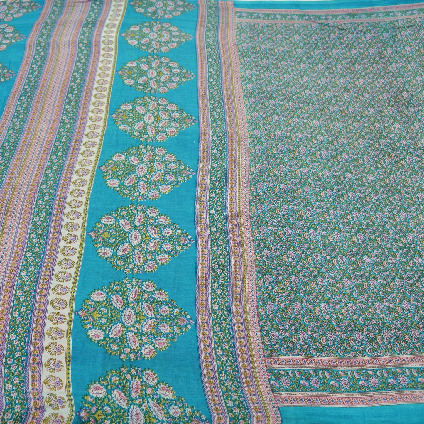 Indian Vintage Blue Saree Printed Pure Cotton Sari Craft Fabric Soft 5Yd Sewing Sarong Wrap Boho Floral Dress making Crafting Quilting