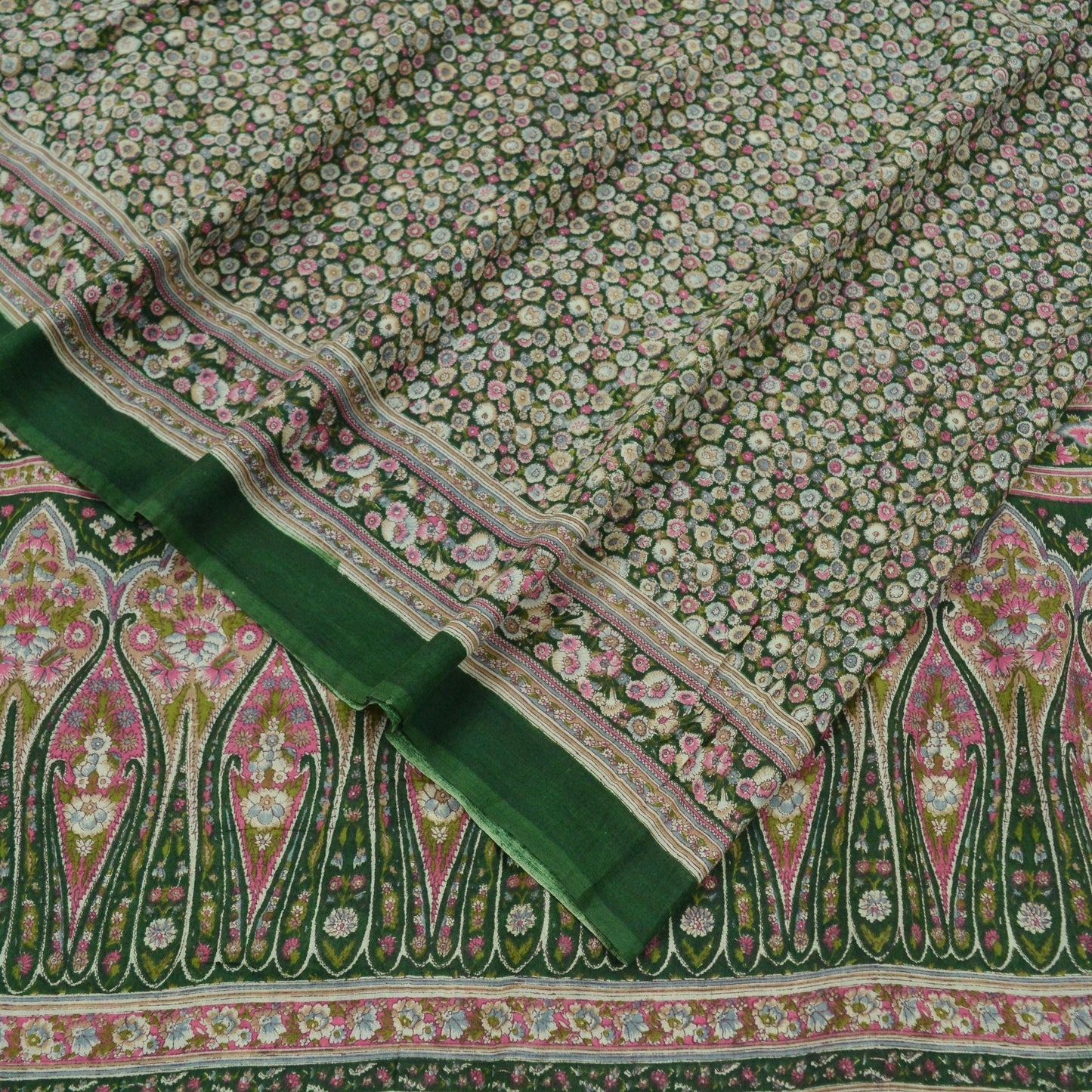Indian Vintage Green Saree Printed Pure Cotton Sari Craft Fabric Soft 5Yd Sewing Sarong Wrap Boho Floral Dress making Crafting Quilting