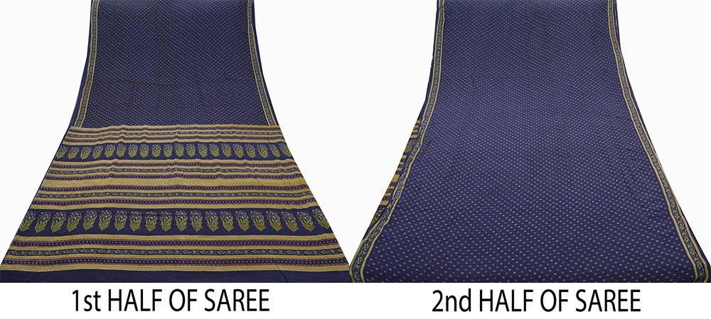 Indian Vintage Blue Saree Pure Crepe Silk Printed Sari 5yd Sewing Floral Soft Craft Fabric Wrap Dress making Crafting Quilting Upcycle