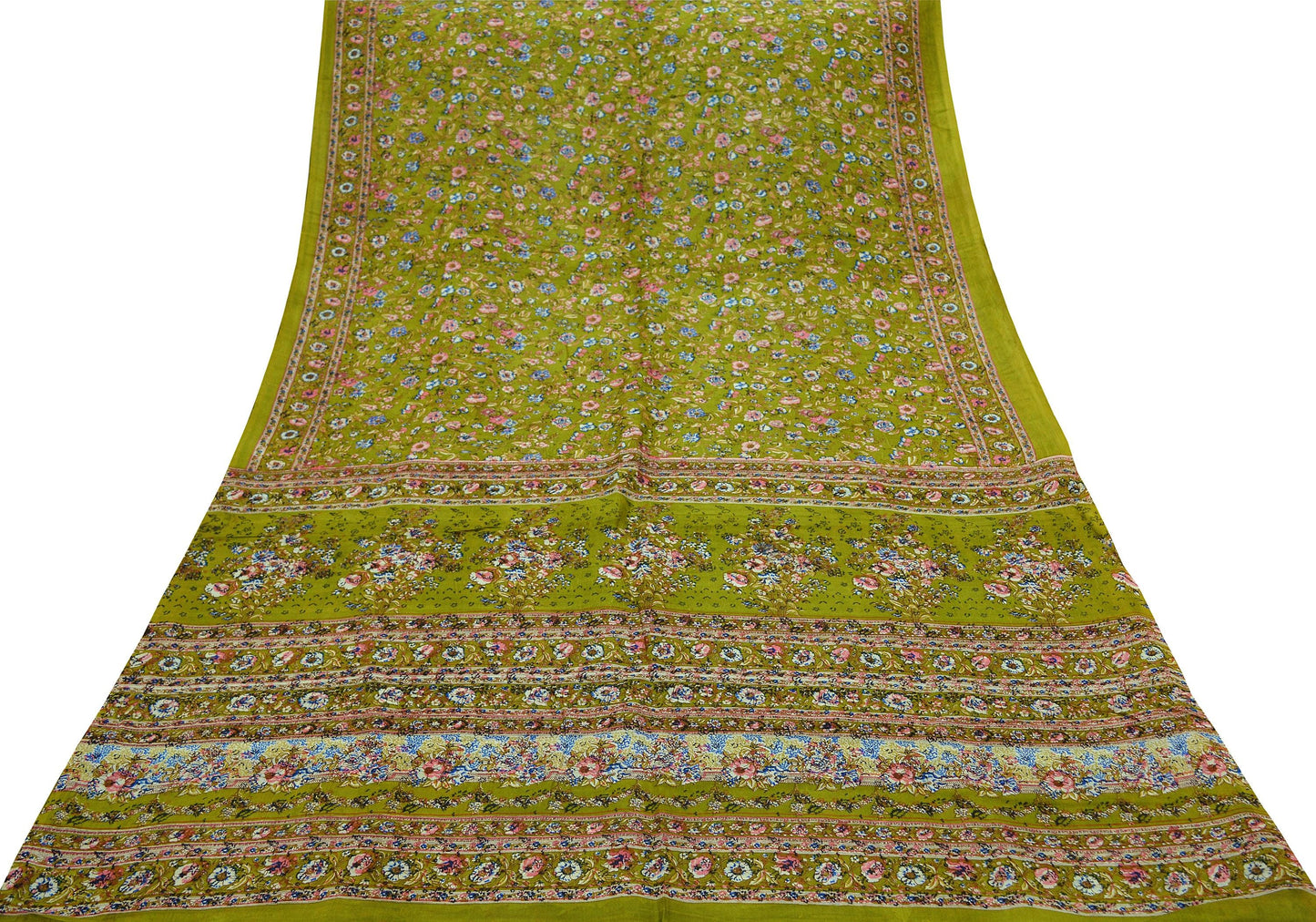 Indian Vintage Sari Green Pure Silk Printed Sarees 6yd Sewing Craft Fabric Dress Making Soft Floral Wrap Upcycle Used Quilting Crafting