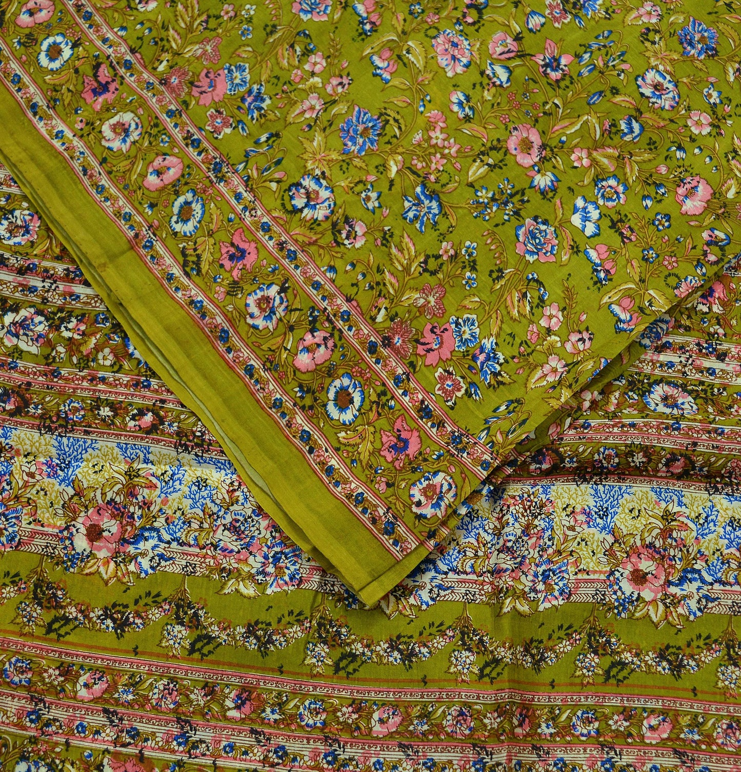 Indian Vintage Sari Green Pure Silk Printed Sarees 6yd Sewing Craft Fabric Dress Making Soft Floral Wrap Upcycle Used Quilting Crafting