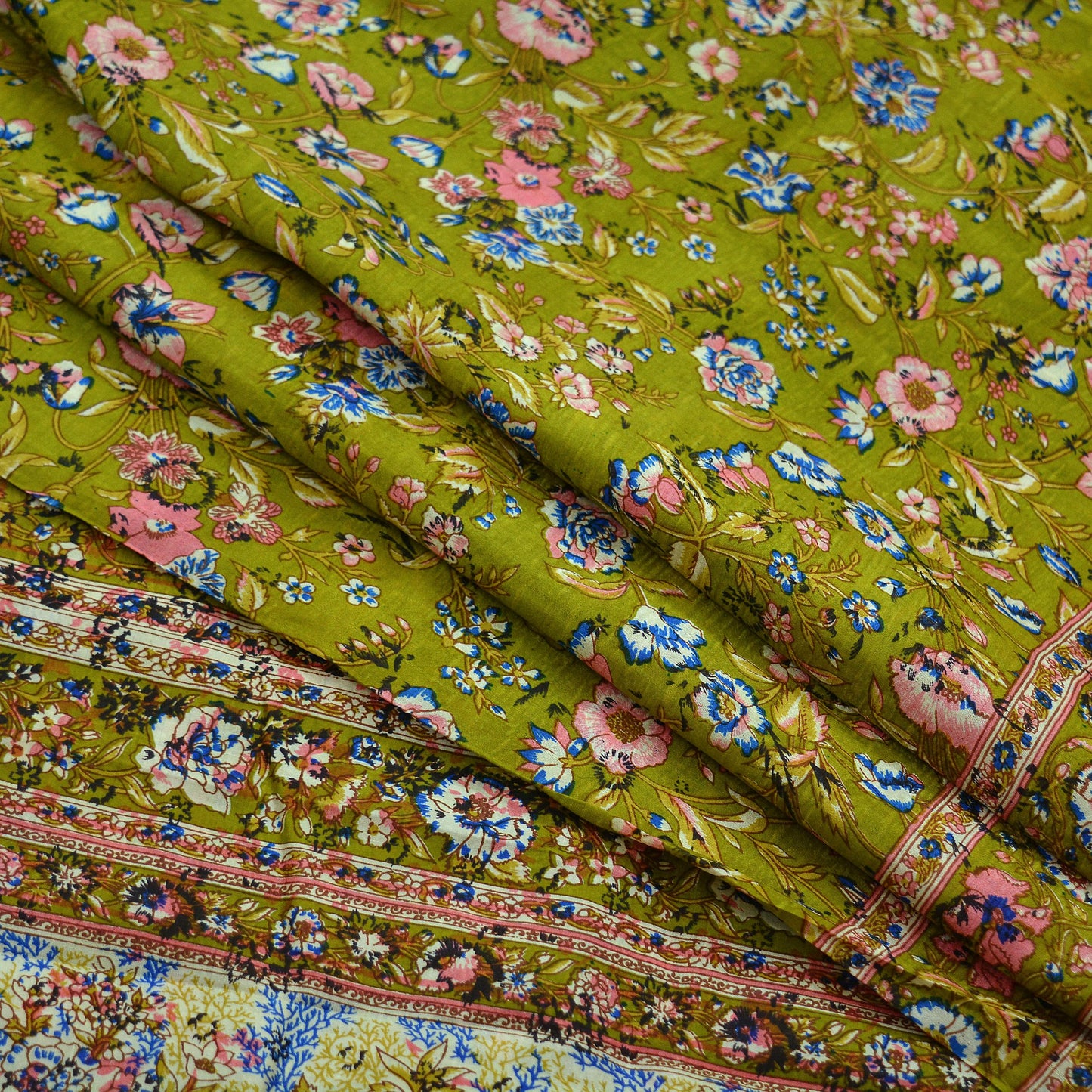 Indian Vintage Sari Green Pure Silk Printed Sarees 6yd Sewing Craft Fabric Dress Making Soft Floral Wrap Upcycle Used Quilting Crafting