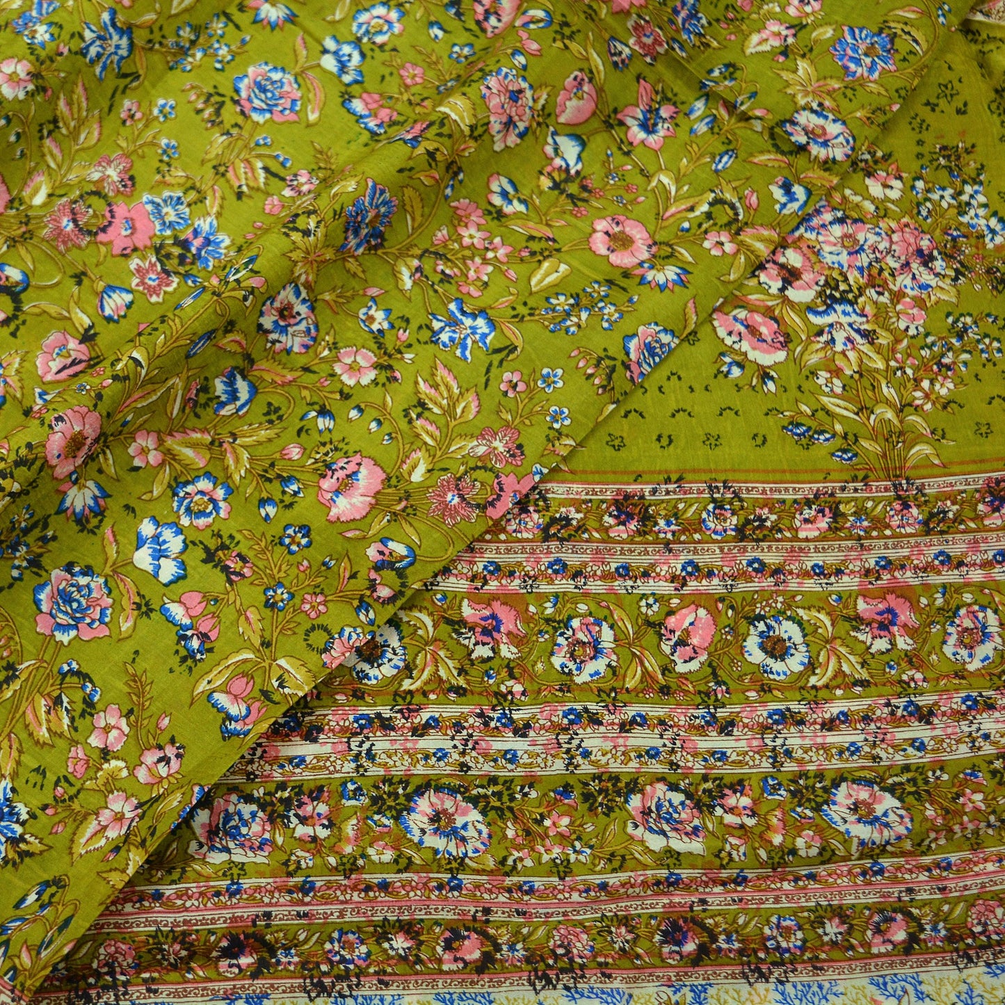 Indian Vintage Sari Green Pure Silk Printed Sarees 6yd Sewing Craft Fabric Dress Making Soft Floral Wrap Upcycle Used Quilting Crafting