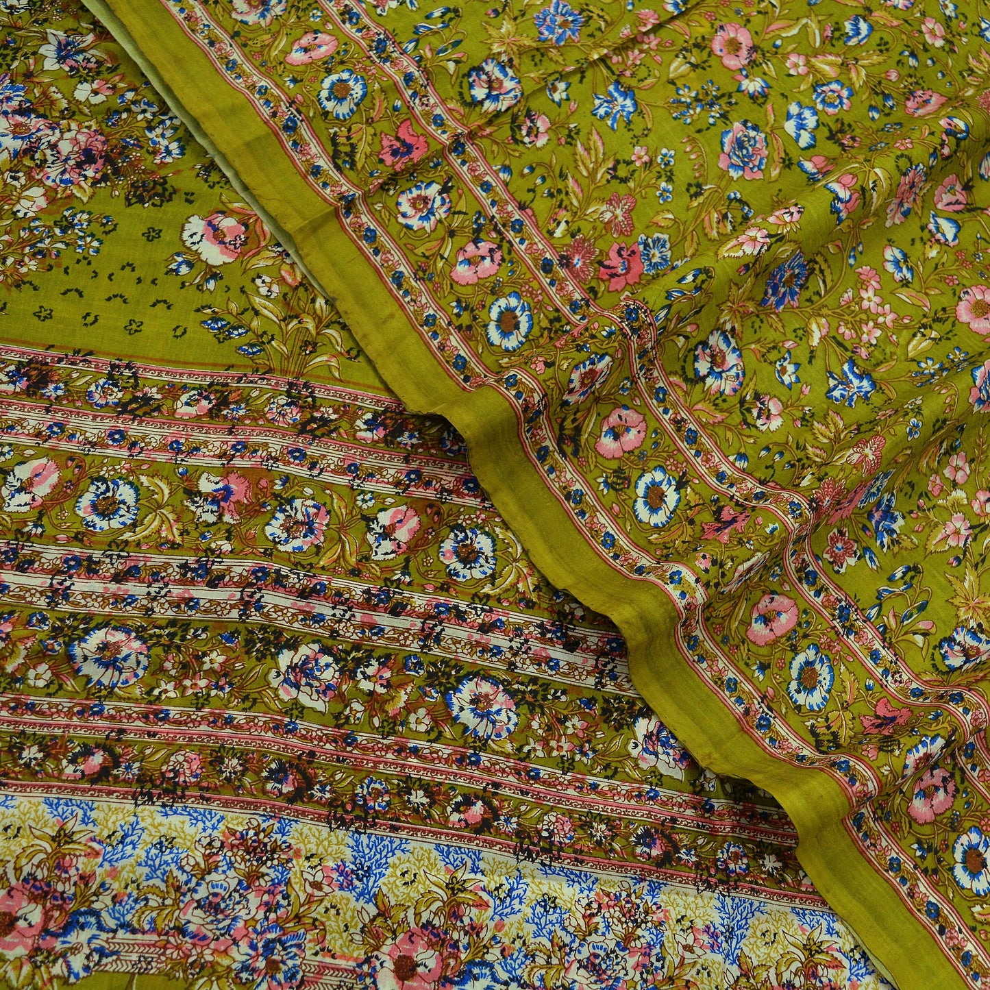 Indian Vintage Sari Green Pure Silk Printed Sarees 6yd Sewing Craft Fabric Dress Making Soft Floral Wrap Upcycle Used Quilting Crafting