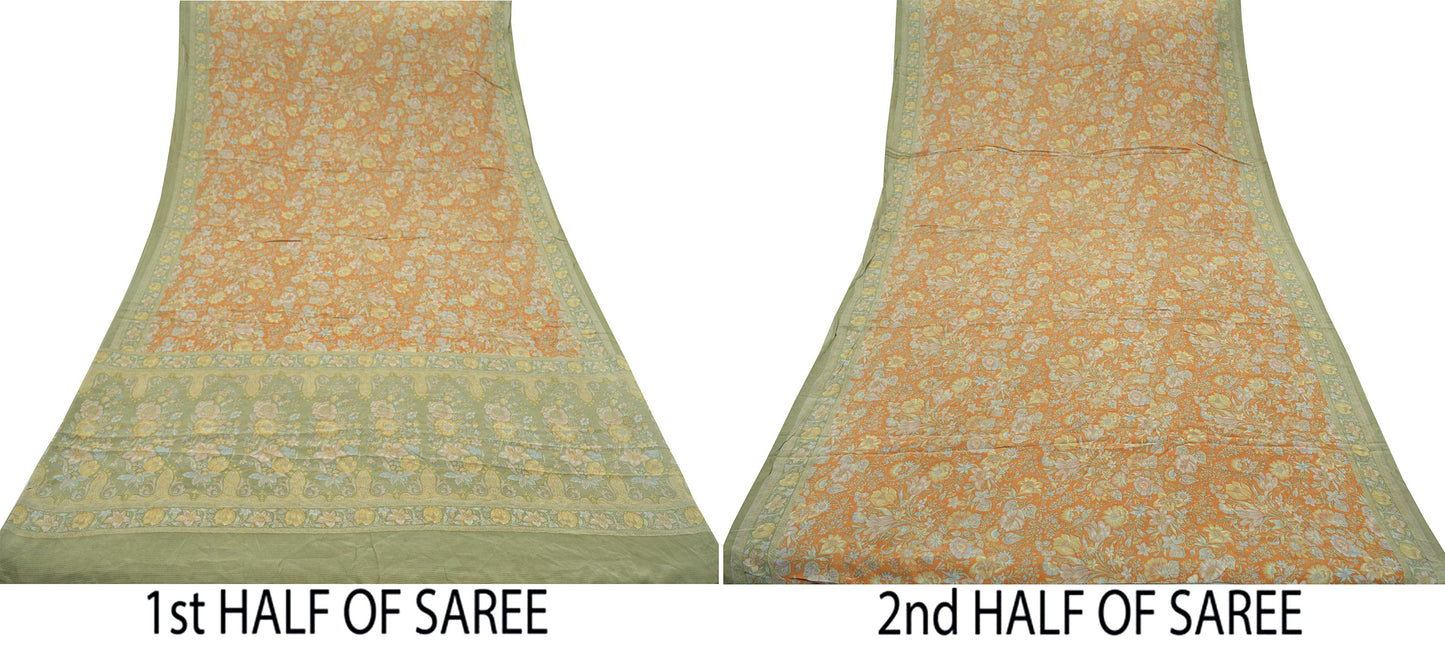 EXCELLENT QUALITY Indian Vintage Orange & Green Saree Pure Crepe Silk Printed Sari Craft Fabric 5yd Sewing Floral Soft Wrap Dress making