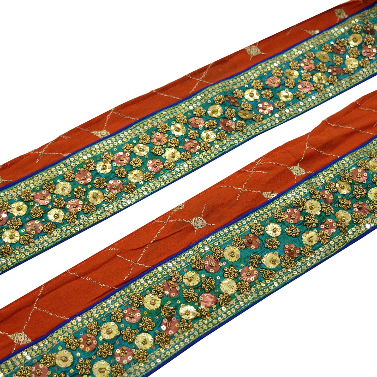 Indian Vintage Green & Orange Sari Border Hand Embroidered Craft Trim Lace Sewing Sari Ribbon Pure Crepe silk Zardozi/Dabka Zari
