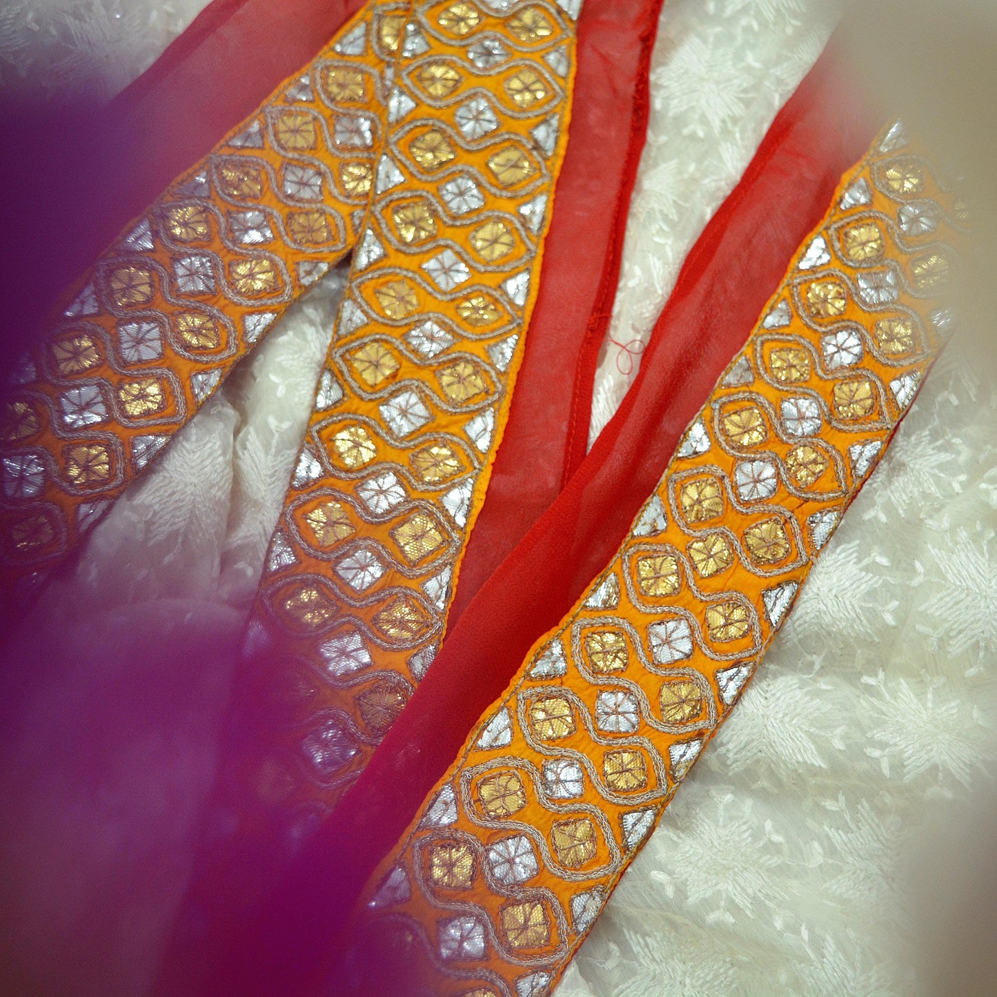 Indian Vintage Red & Saffron Sari Border Hand Embroidered Craft Trim Lace Sewing Sari Ribbon Pure Georgette silk Zardozi/Dabka Zari