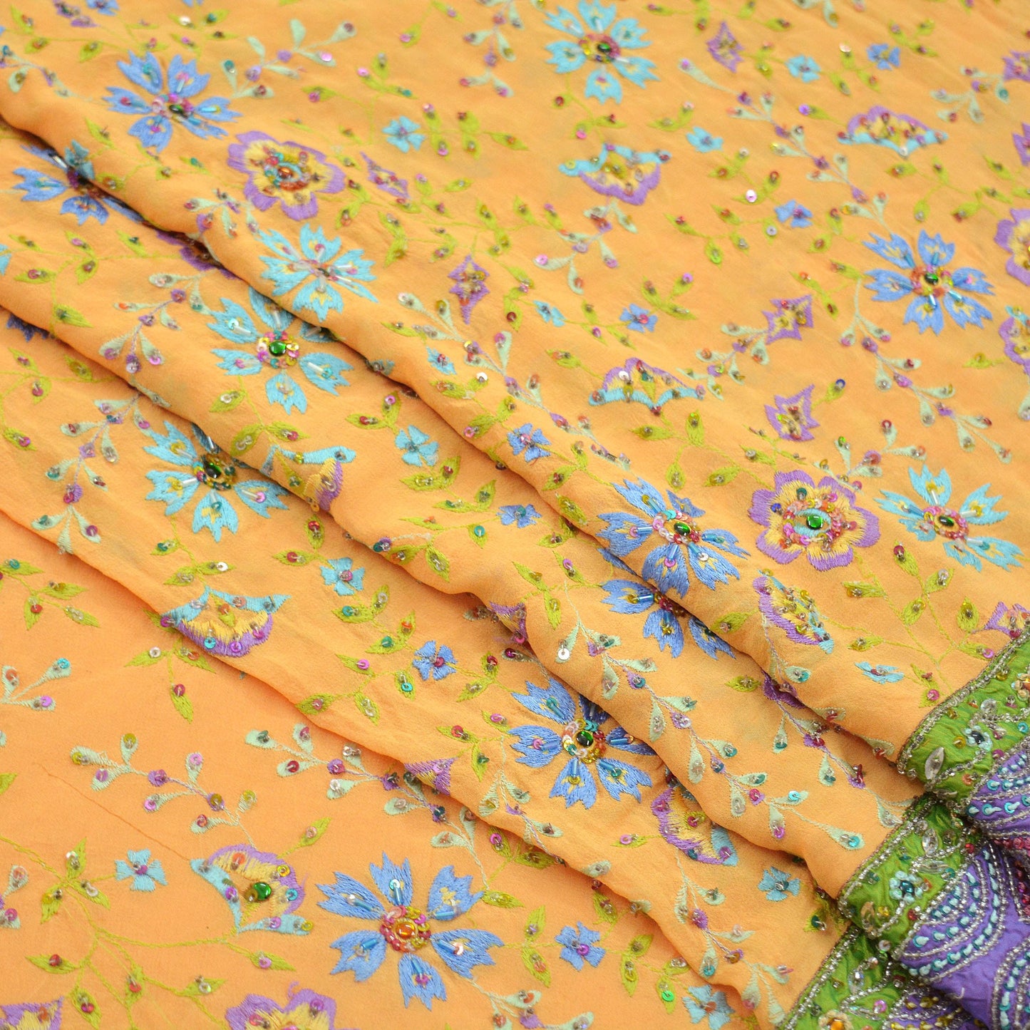 Indian Vintage Heavy Sari Saffron Pure Georgette Silk Hand Beaded Sarees Craft Fabric 5Yd Sewing Dress Making Ethnic Wedding Sarees Crafting