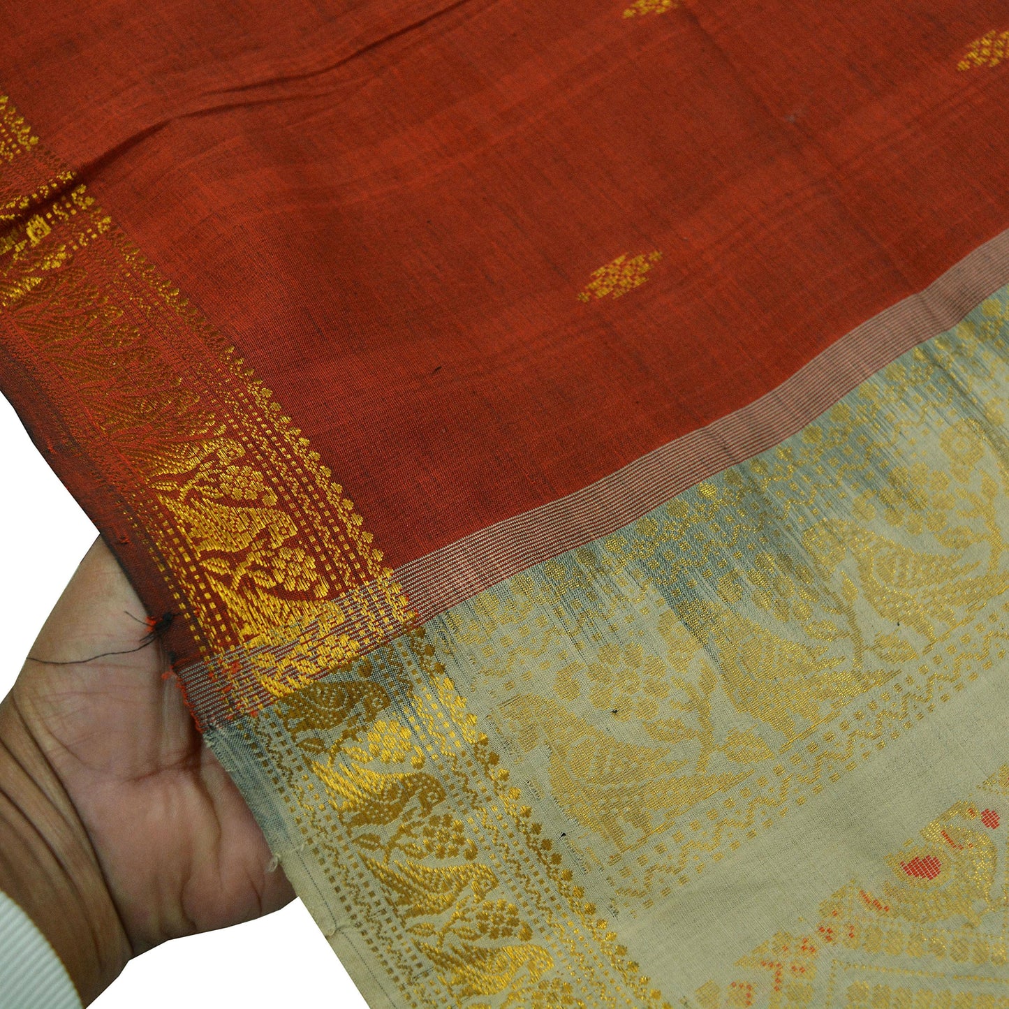 Indian Vintage Sari Rusty & Ivory Cotton Hand Woven Sarees Craft Fabric 5Yd Floral Soft Dress making Quilting Crafting Upcycle Zari