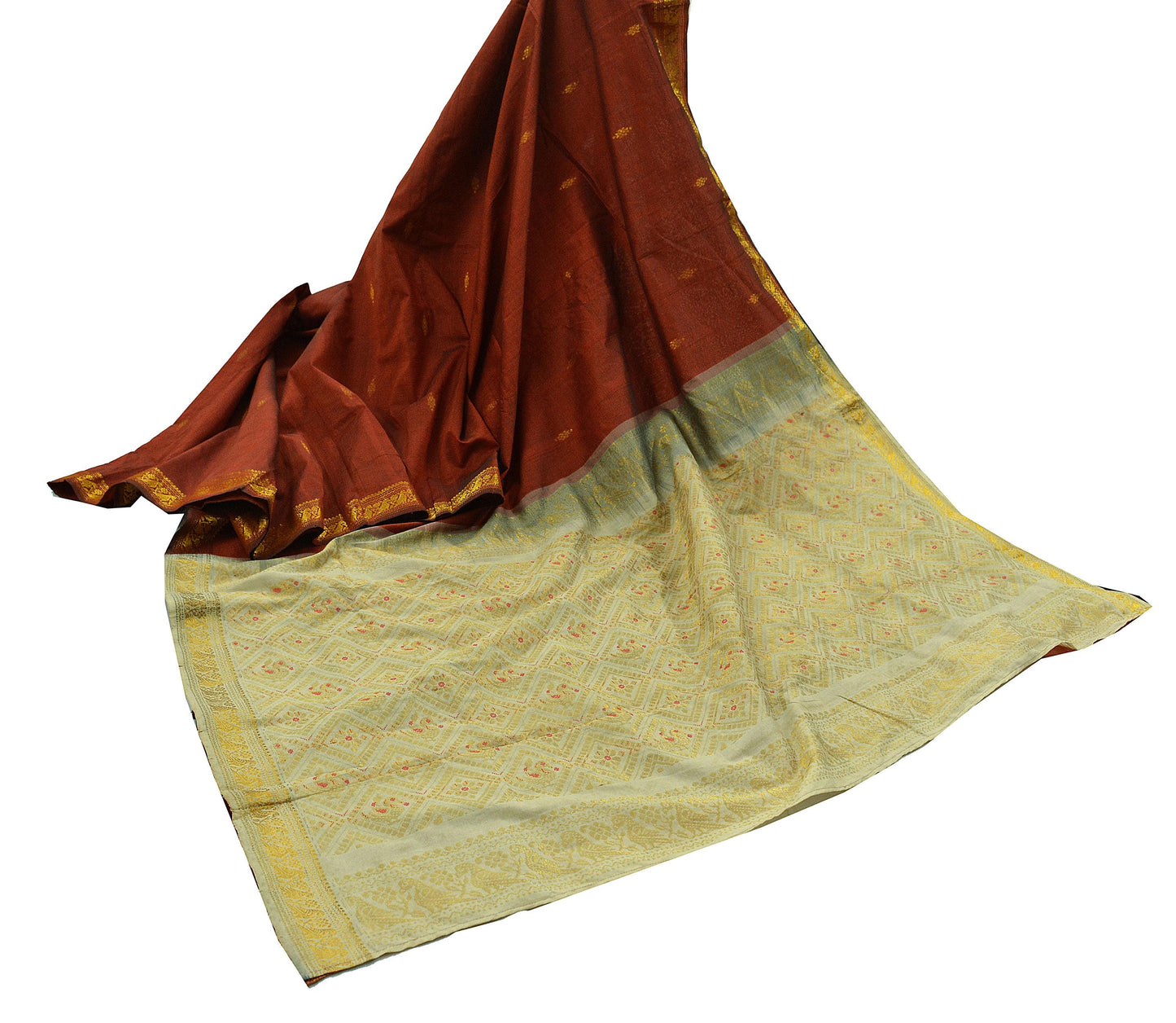 Indian Vintage Sari Rusty & Ivory Cotton Hand Woven Sarees Craft Fabric 5Yd Floral Soft Dress making Quilting Crafting Upcycle Zari