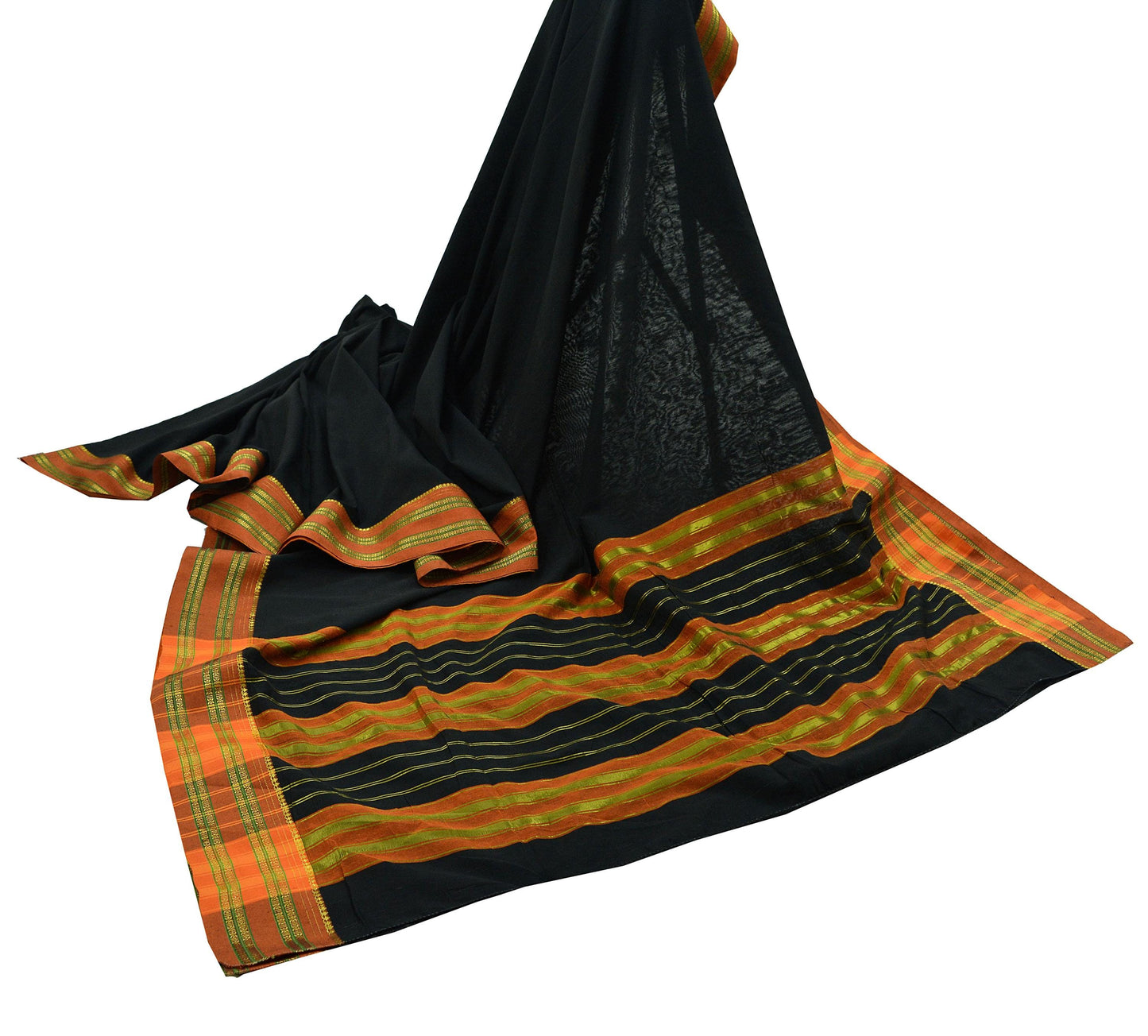 Indian Vintage Sari Black Pure Cotton Hand Woven Sarees 6yd Craft Fabric Ethnic Soft Sewing Zari Dress making Quitting Crafting Upcycle