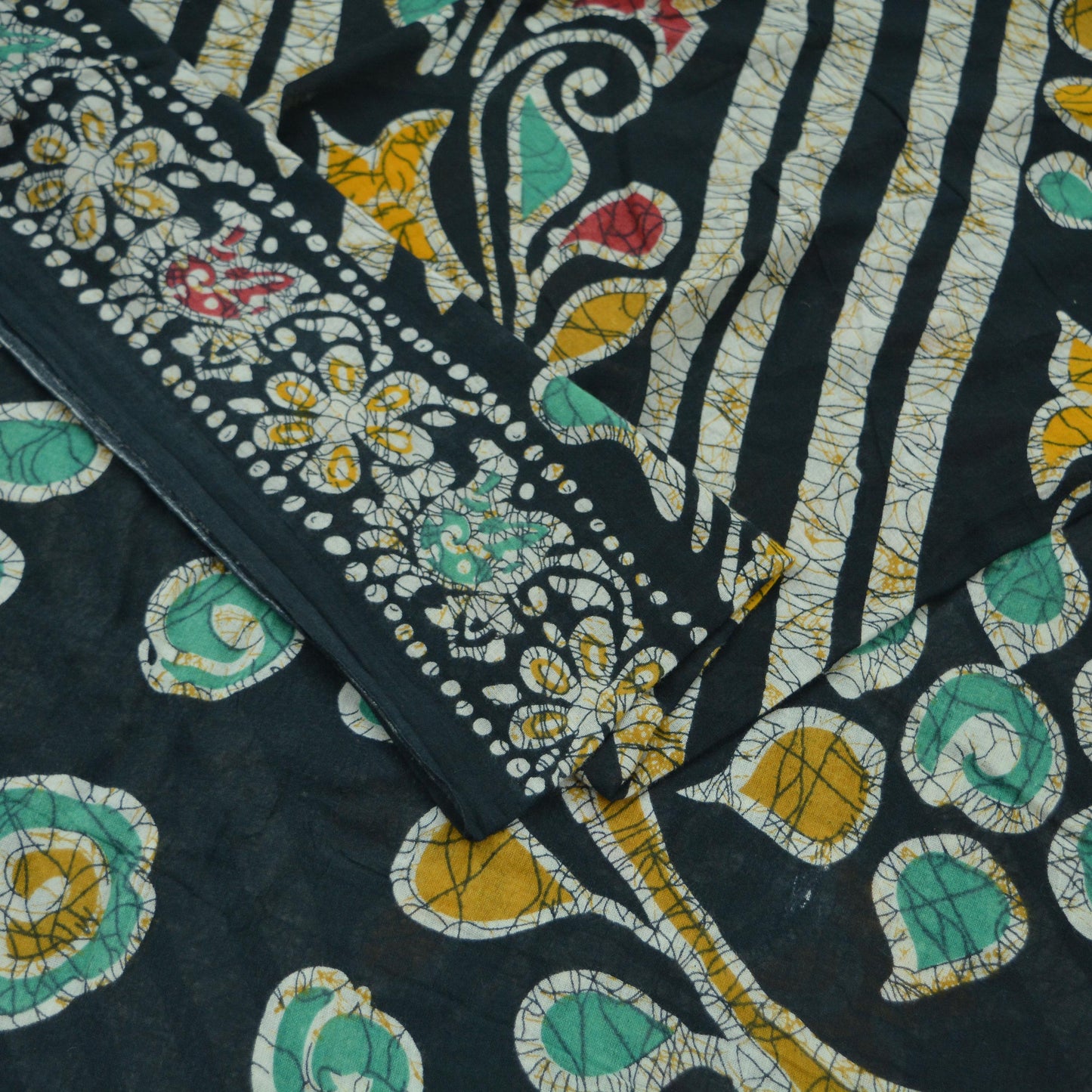 Indian Vintage Black Saree Batik Printed 100% Pure Cotton Indian Sari Craft Fabric 5Yd Soft Sewing Sarong Wrap Boho Quilting Upcycle